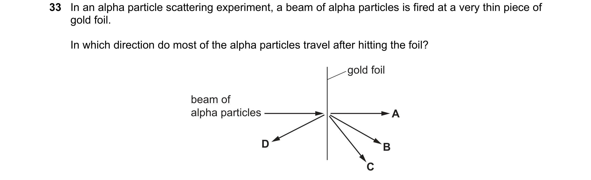 Question 44: In an alpha particle scattering experiment, a beam of alpha particles is fired at a very thin piece of gold foil. In which direction do mos…