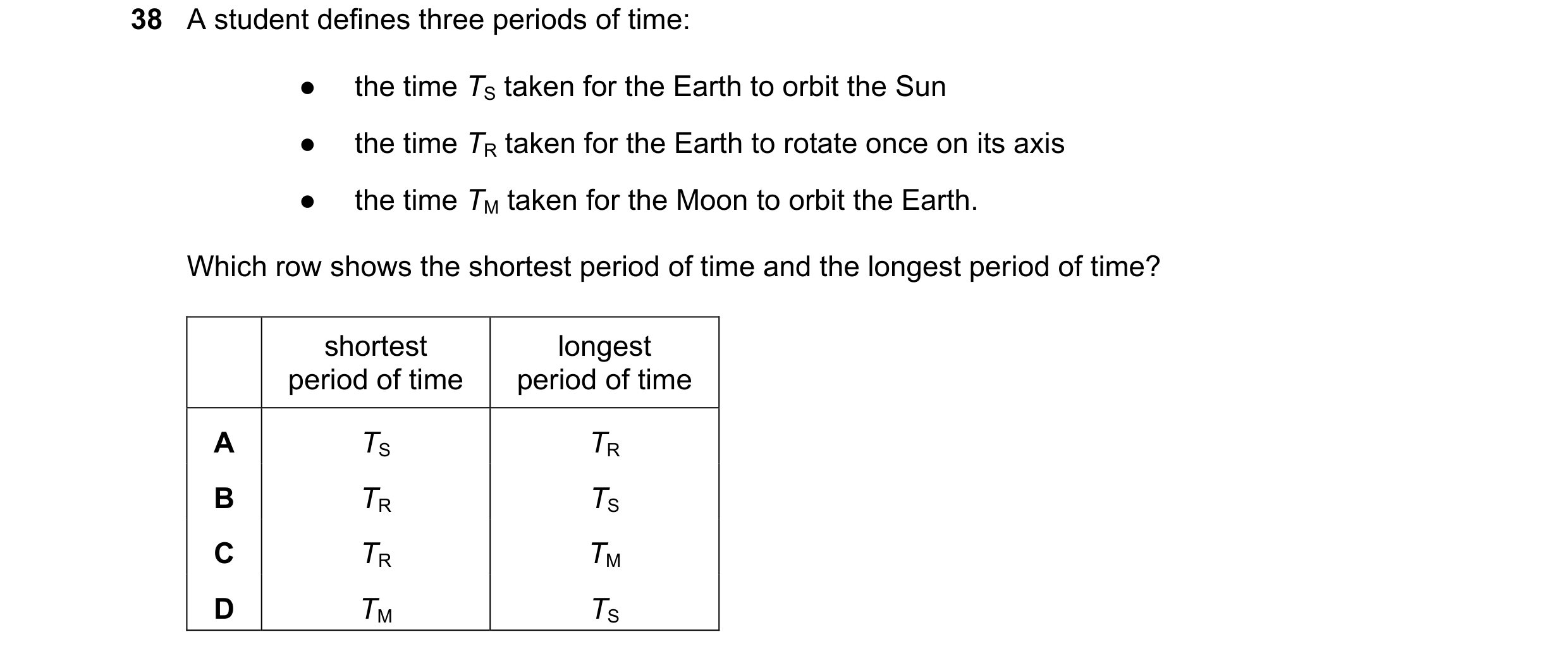Question 11: A student defines three periods of time: ● the time TS taken for the Earth to orbit the Sun ● the time TR taken for the Earth to rotate onc…