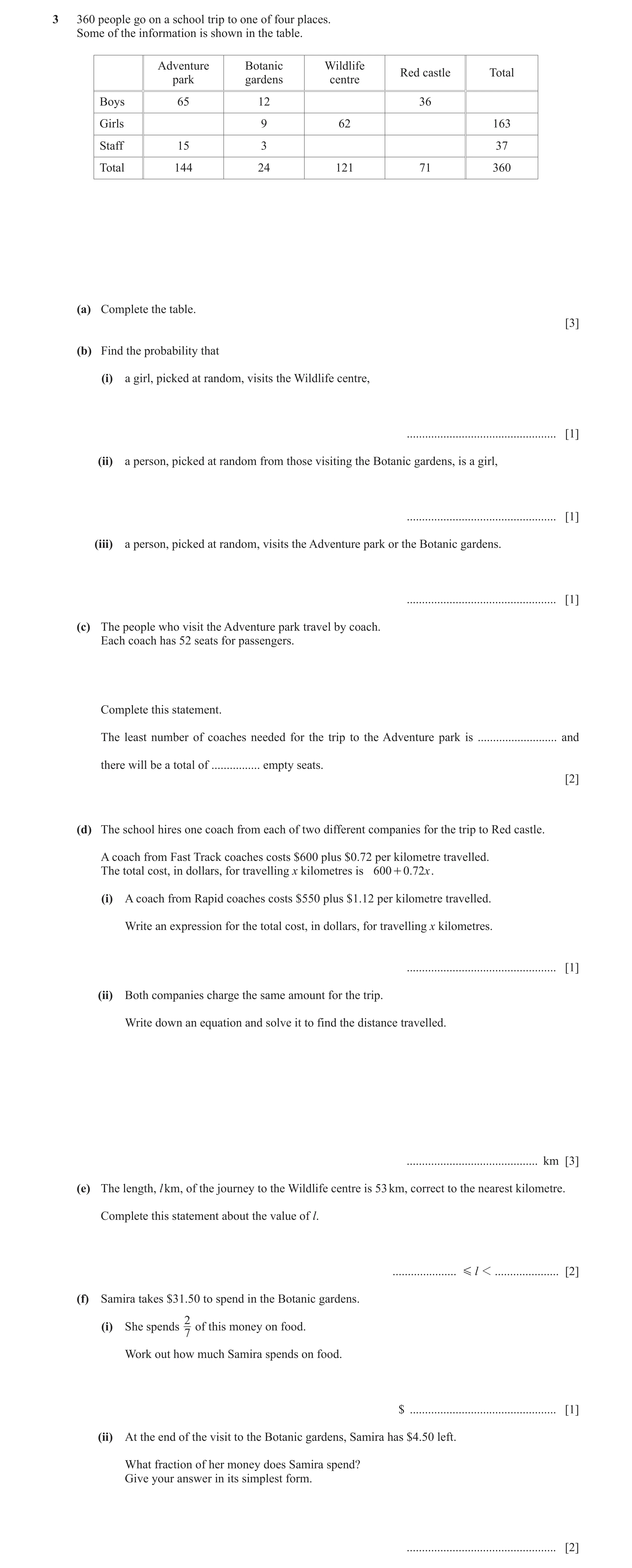 Question 30: 360 people go on a school trip to one of four places. Some of the information is shown in the table. Adventure Botanic Wildlife Red castle …