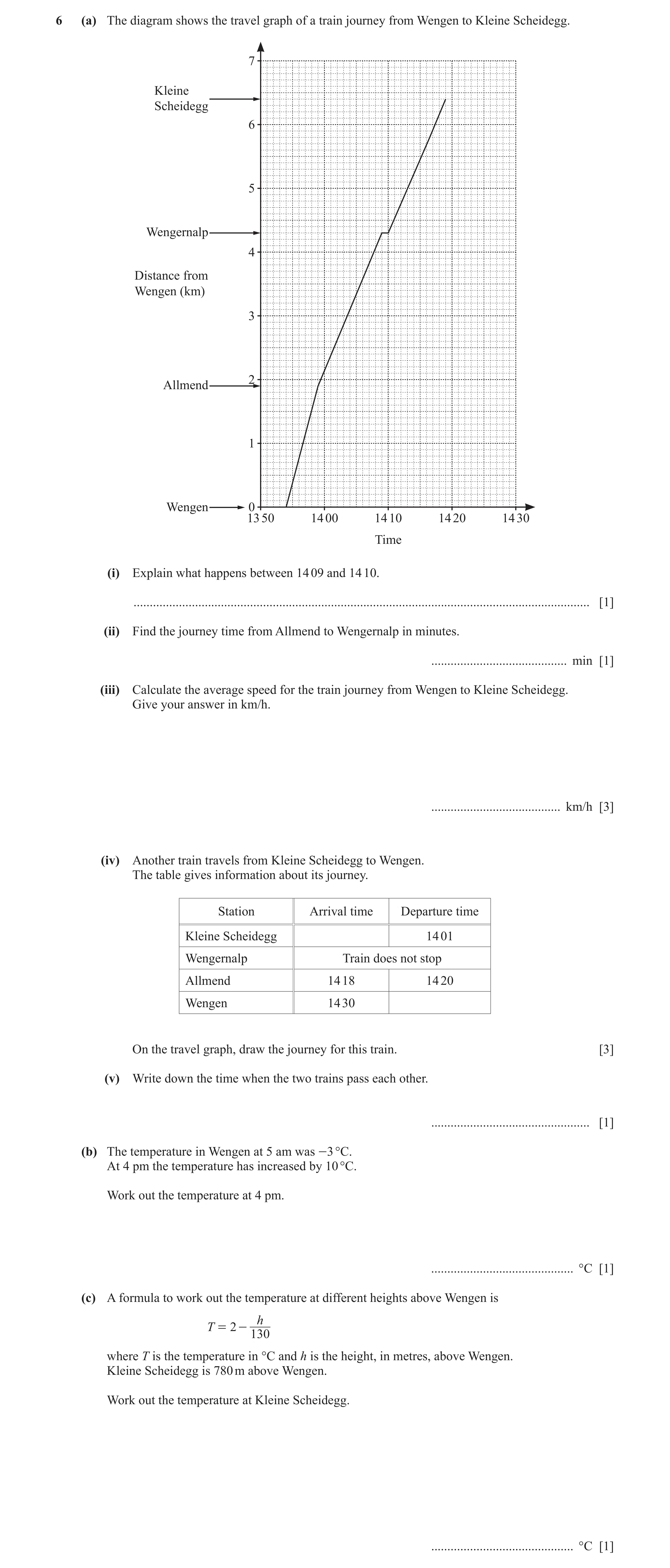 Question 63: (a) The diagram shows the travel graph of a train journey from Wengen to Kleine Scheidegg. 7 Kleine Scheidegg 6 5 Wengernalp 4 Distance fro…