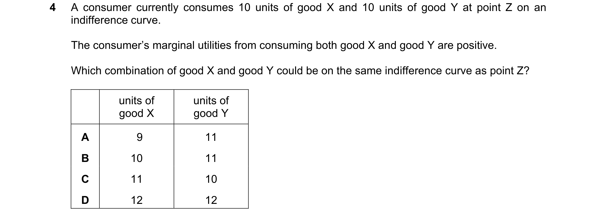 Question 55: A consumer currently consumes 10 units of good X and 10 units of good Y at point Z on an indifference curve. The consumer’s marginal utilit…