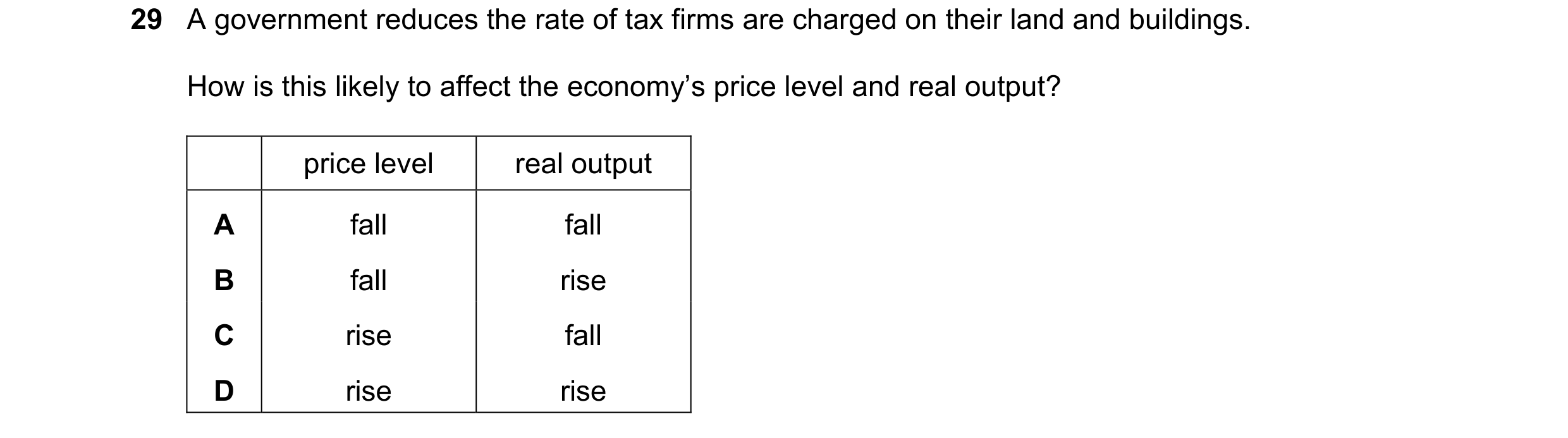 Question 75: A government reduces the rate of tax firms are charged on their land and buildings. How is this likely to affect the economy’s price level …