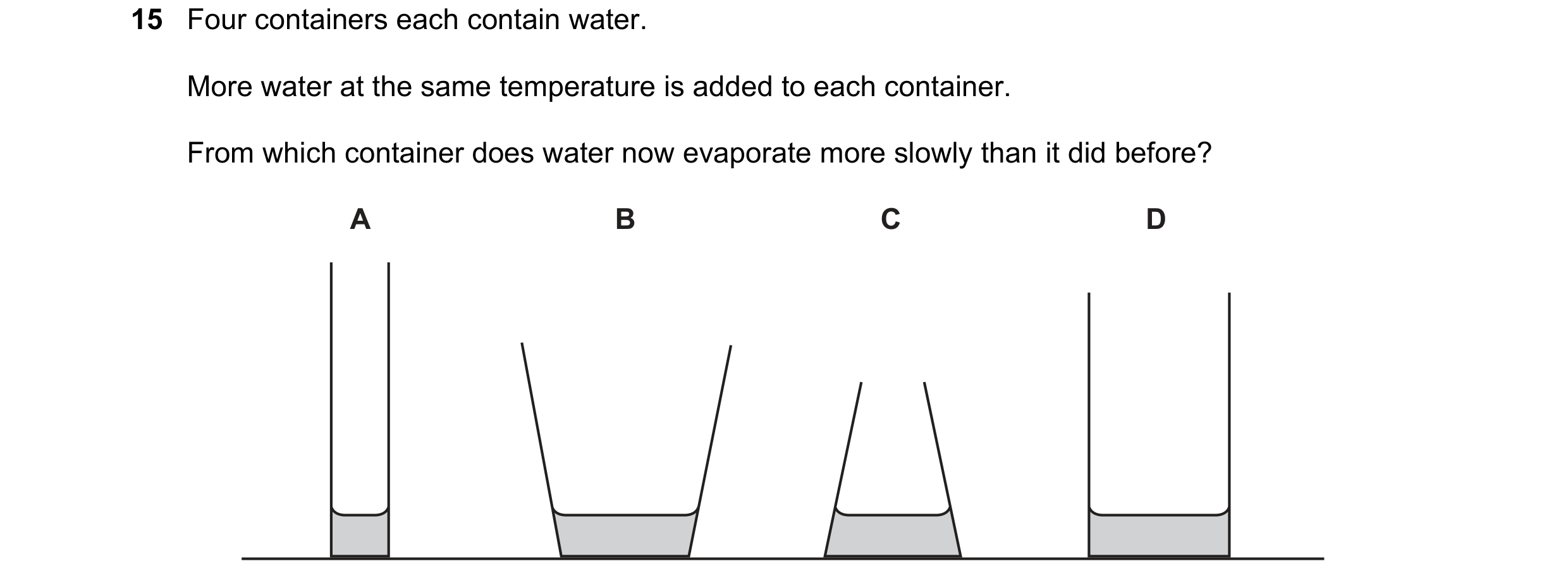 Question 124: Four containers each contain water. More water at the same temperature is added to each container. From which container does water now evap…