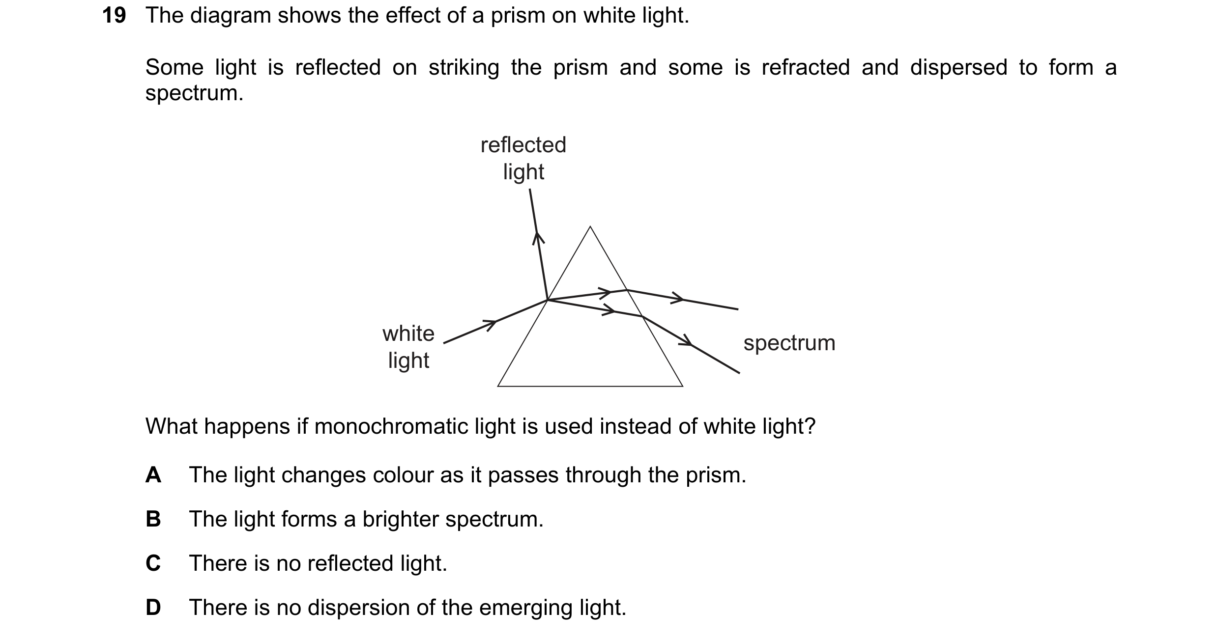 Question 71: The diagram shows the effect of a prism on white light. Some light is reflected on striking the prism and some is refracted and dispersed t…