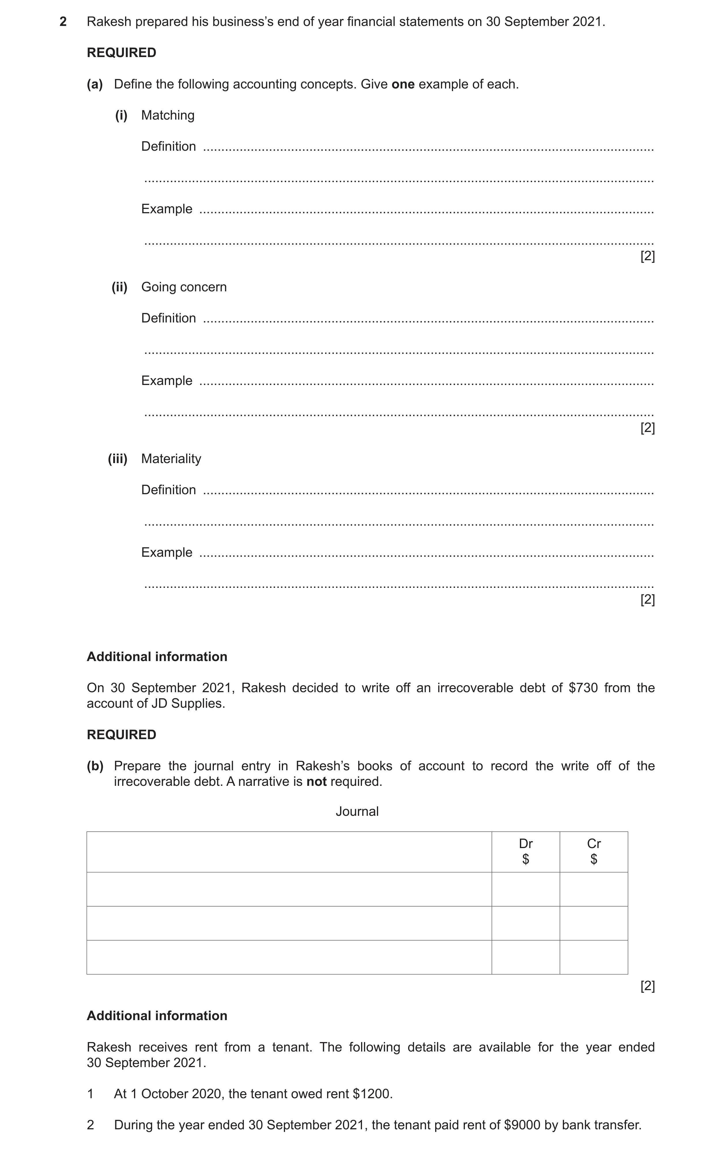 Question 40: Rakesh prepared his business’s end of year financial statements on 30 September 2021. REQUIRED (a) Define the following accounting concepts…