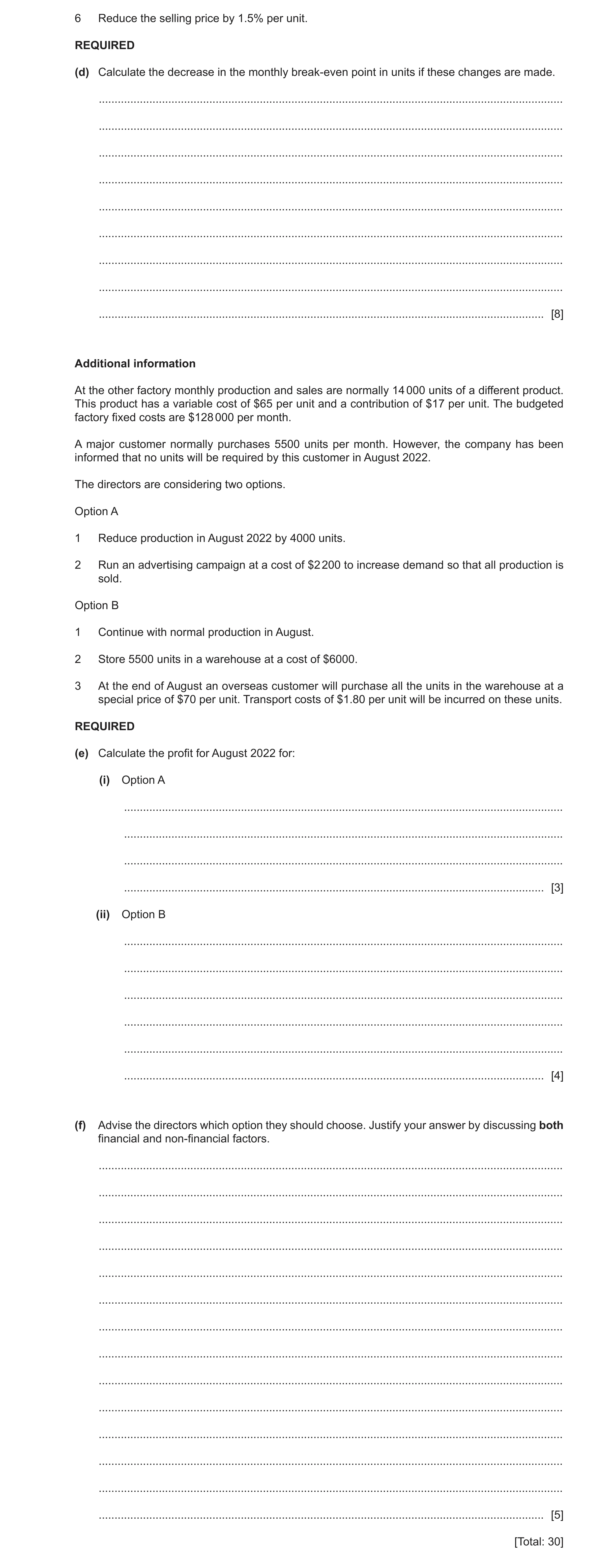 Question 20: Reduce the selling price by 1.5% per unit. REQUIRED (d) Calculate the decrease in the monthly break‑even point in units if these changes ar…