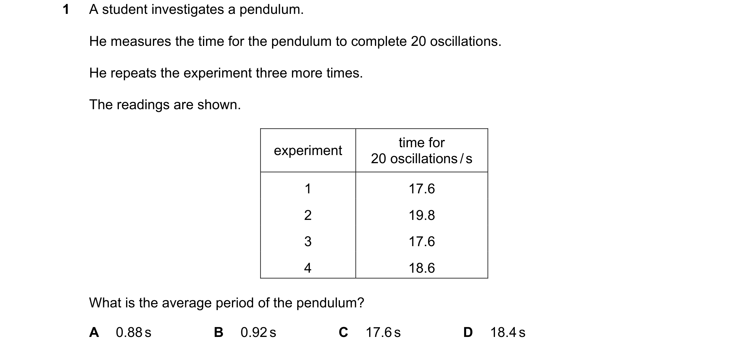 Question 69: A student investigates a pendulum. He measures the time for the pendulum to complete 20 oscillations. He repeats the experiment three more …