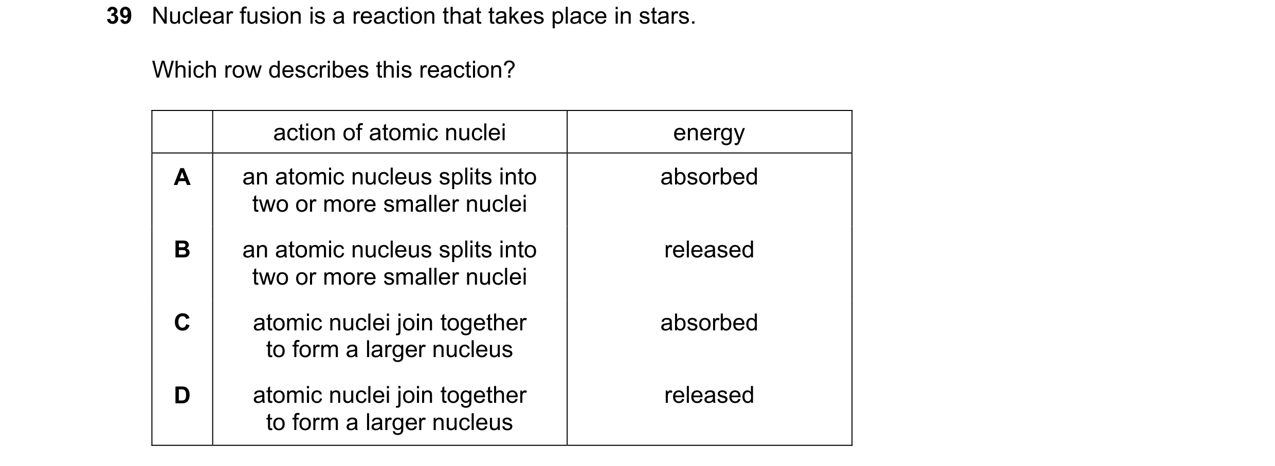 Question 134: Nuclear fusion is a reaction that takes place in stars. Which row describes this reaction? action of atomic nuclei energy A an atomic nucle…