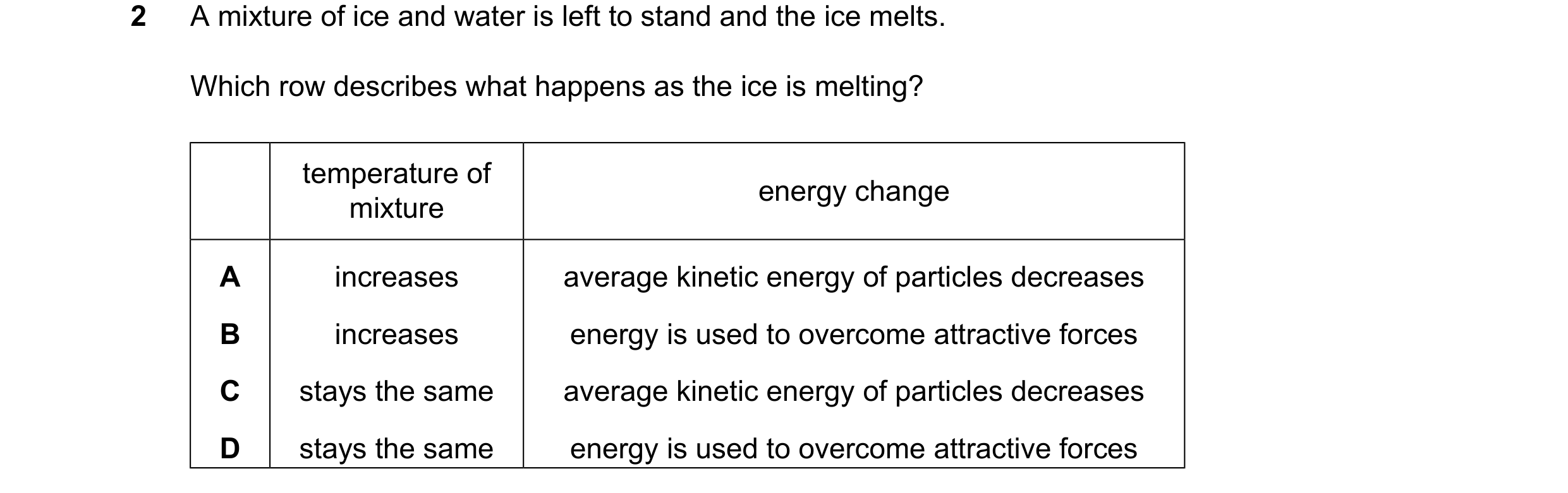Question 9: A mixture of ice and water is left to stand and the ice melts. Which row describes what happens as the ice is melting? temperature of energ…