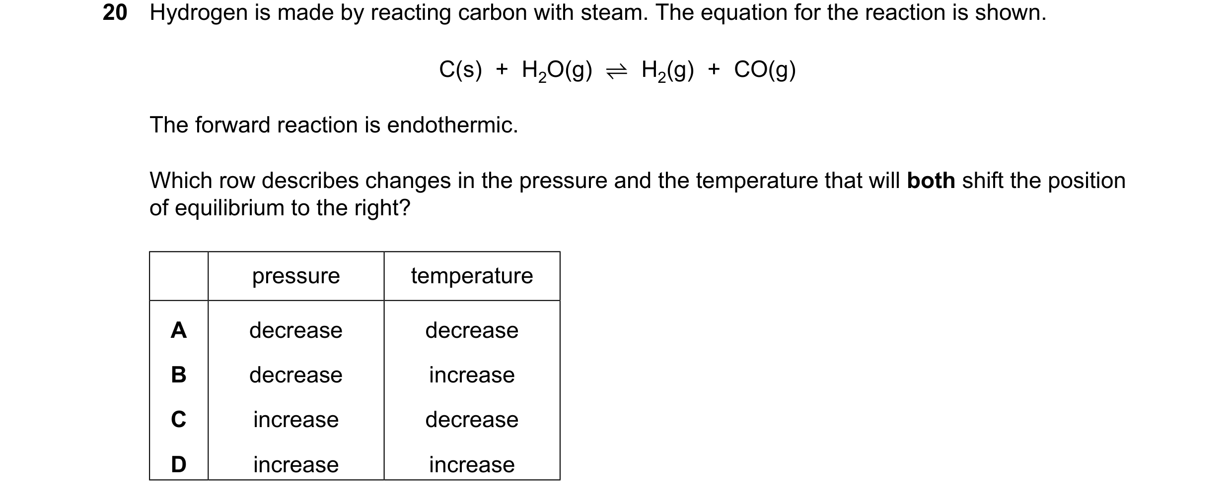 Question 29: Hydrogen is made by reacting carbon with steam. The equation for the reaction is shown. C(s) + H2O(g) ⇌H2(g) + CO(g) The forward reaction i…