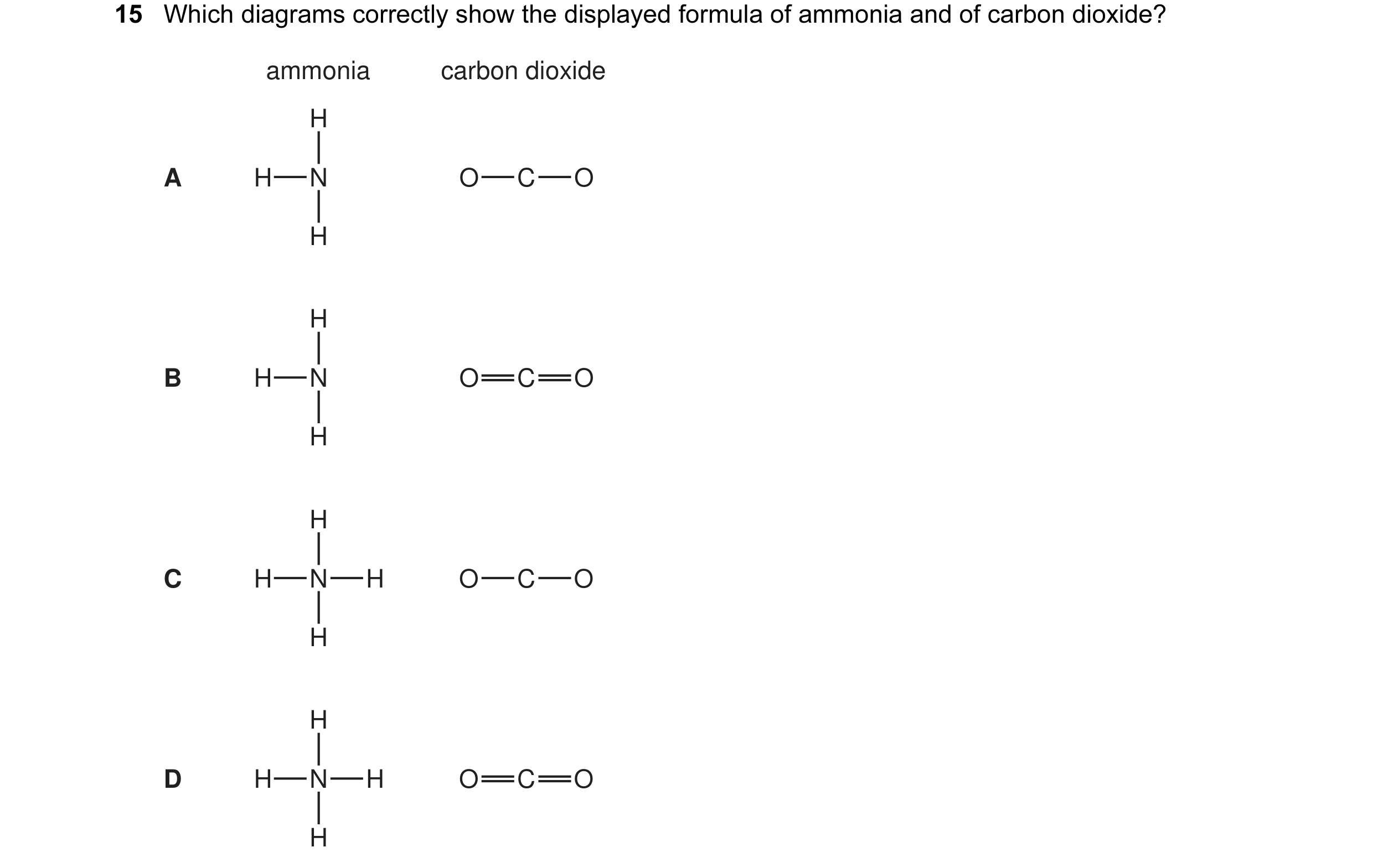 Question 6: Which diagrams correctly show the displayed formula of ammonia and of carbon dioxide? ammonia carbon dioxide H A H N O C O H H B H N O C O …