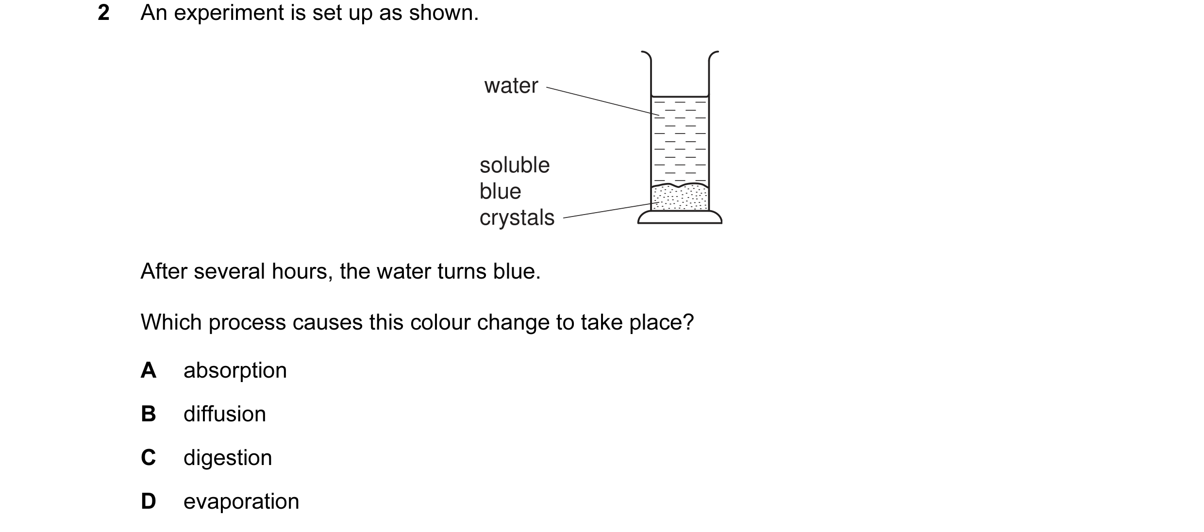 Question 4: An experiment is set up as shown. water soluble blue crystals After several hours, the water turns blue. Which process causes this colour c…