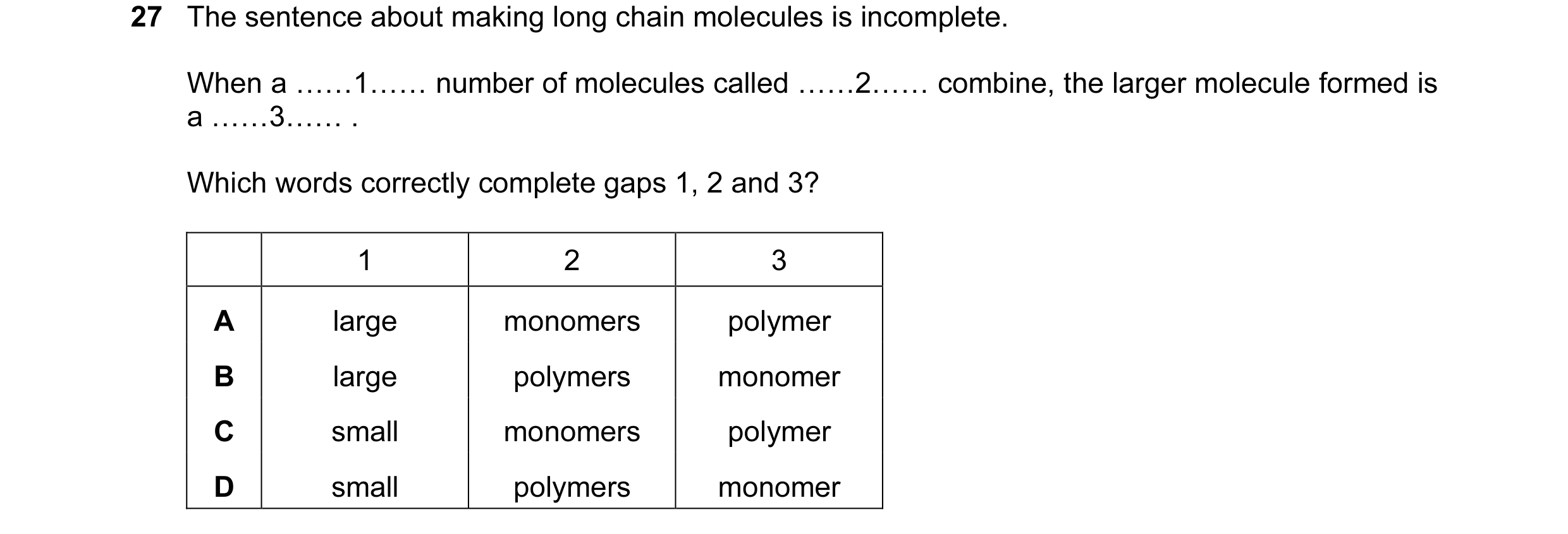 Question 6: The sentence about making long chain molecules is incomplete. When a ……1…… number of molecules called ……2…… combine, the larger molecule fo…