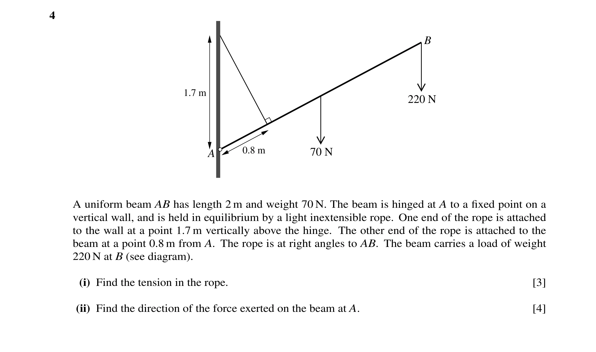 Question 48: B 1.7 m 220 N A 0.8 m 70 N A uniform beam AB has length 2 m and weight 70 N. The beam is hinged at A to a fixed point on a vertical wall, an…