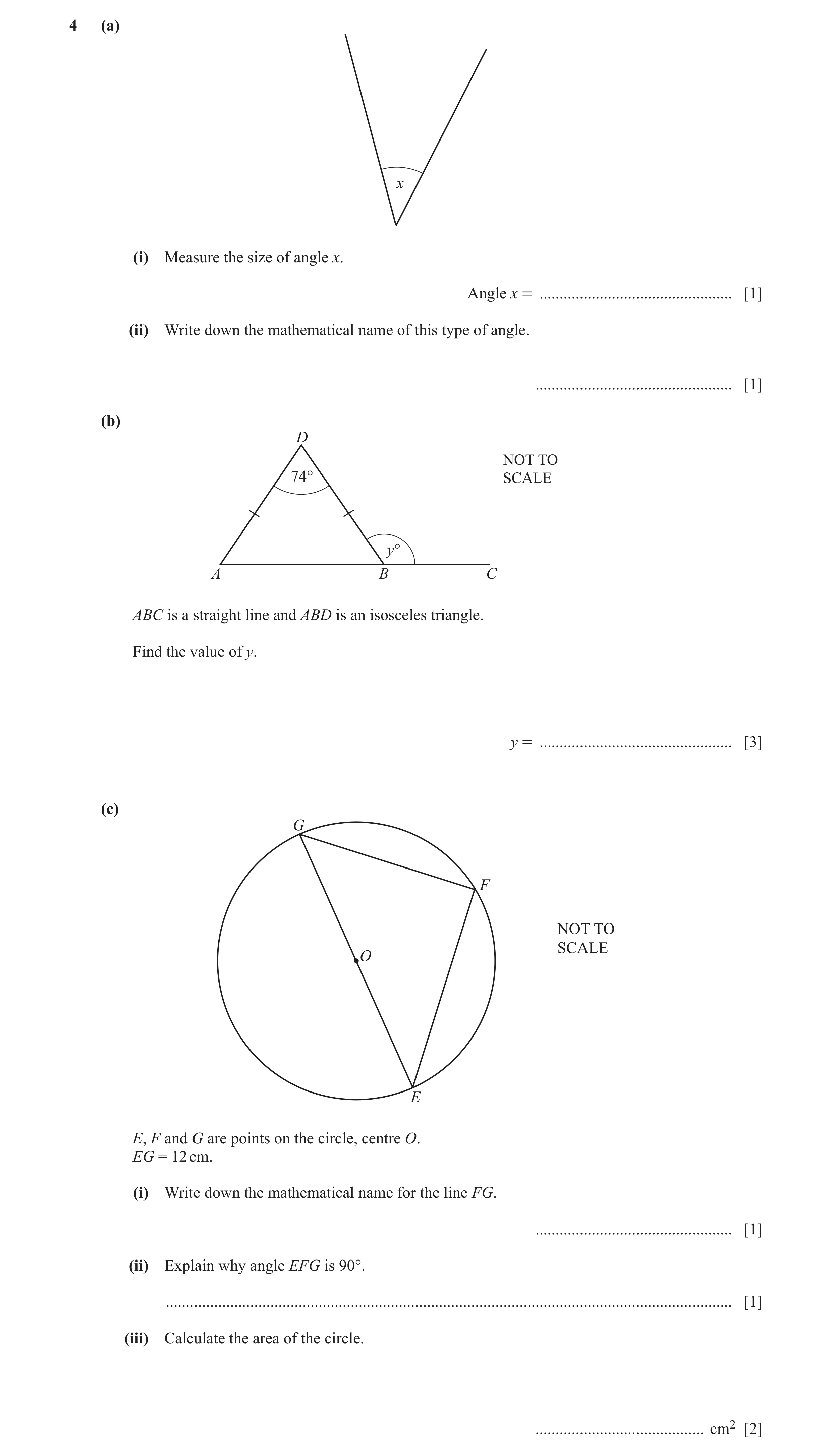 Question 76: (a) x (i) Measure the size of angle x. Angle x = ................................................ [1] (ii) Write down the mathematical name…