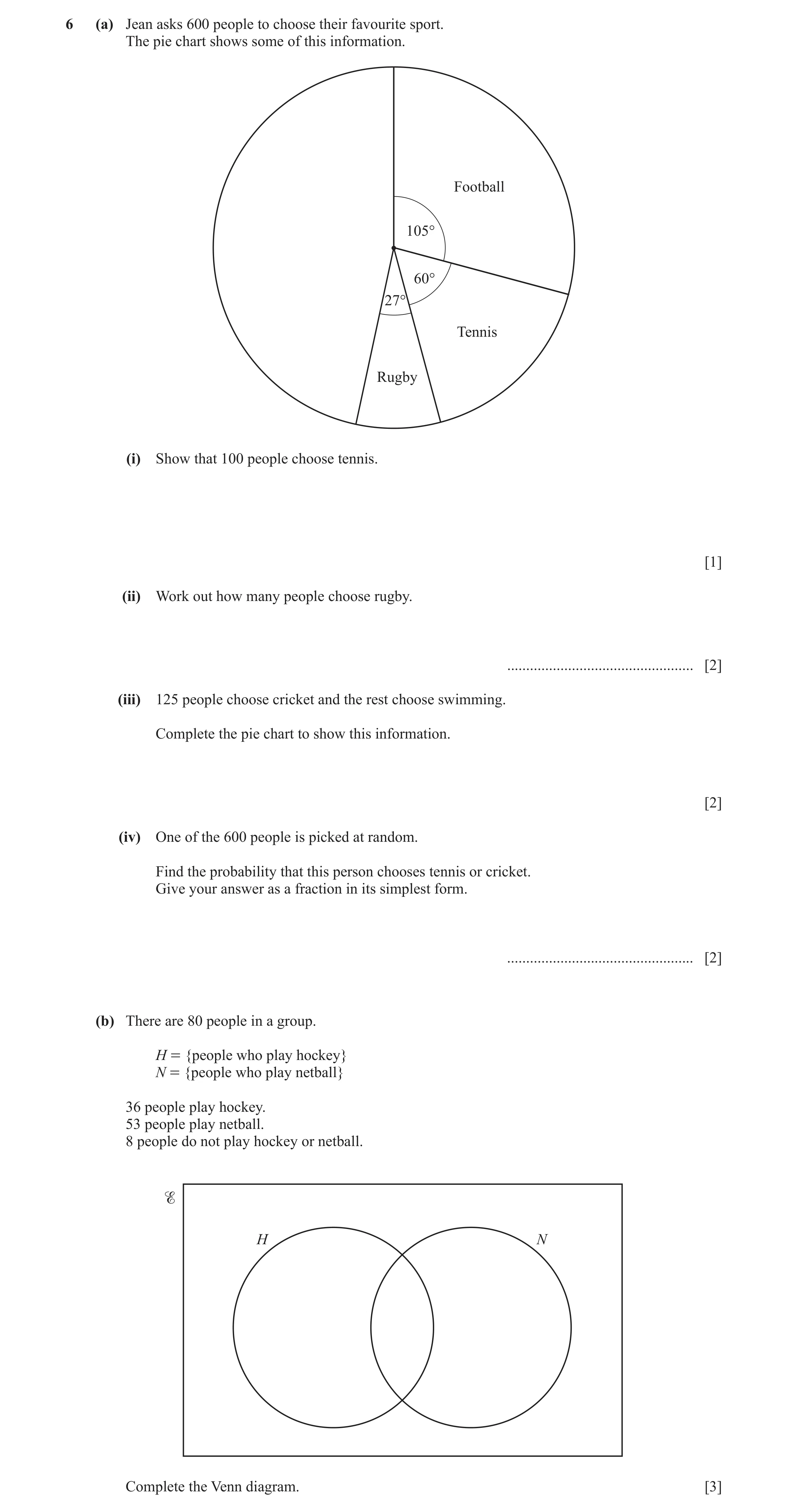 Question 46: (a) Jean asks 600 people to choose their favourite sport. The pie chart shows some of this information. Football 105° 60° 27° Tennis Rugby …
