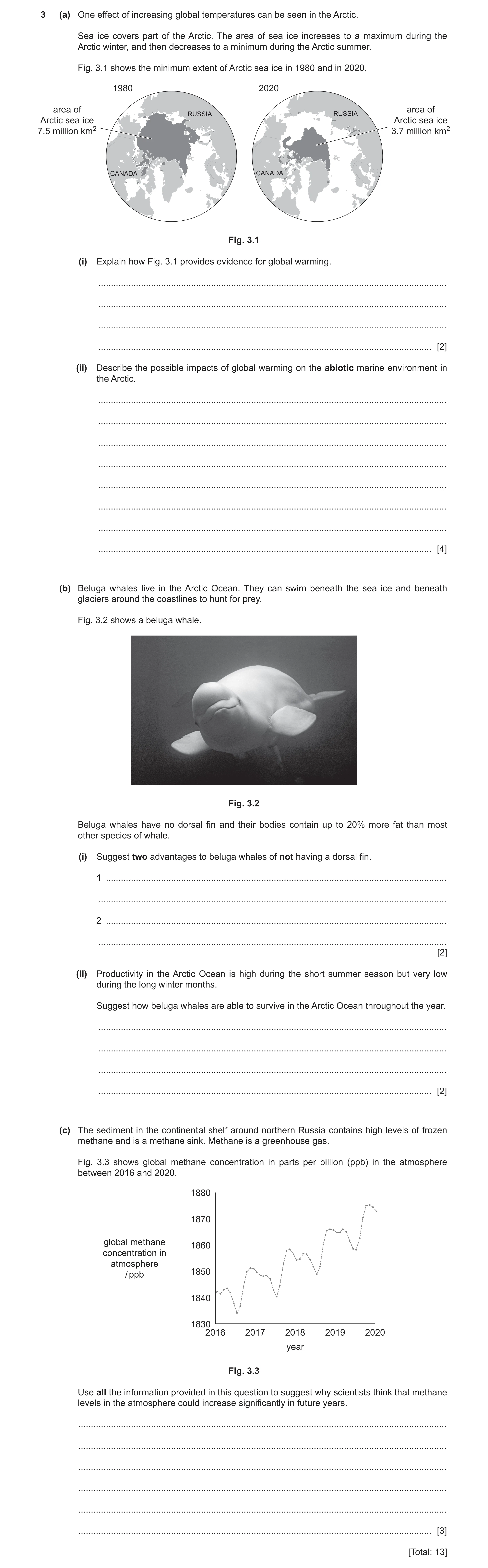 Question 14: (a) One effect of increasing global temperatures can be seen in the Arctic. Sea ice covers part of the Arctic. The area of sea ice increase…