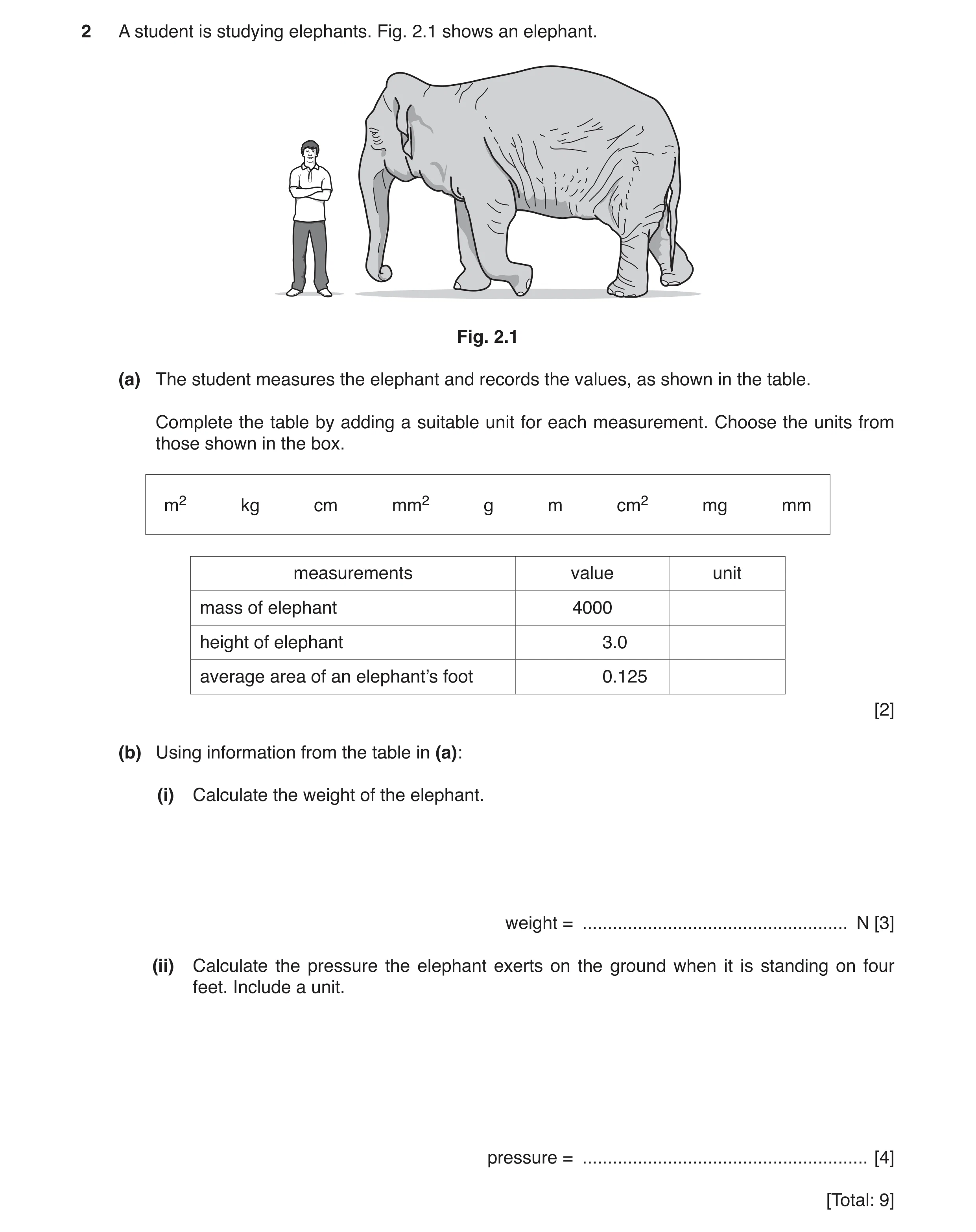 Question 6: A student is studying elephants. Fig. 2.1 shows an elephant. Fig. 2.1 (a) The student measures the elephant and records the values, as show…
