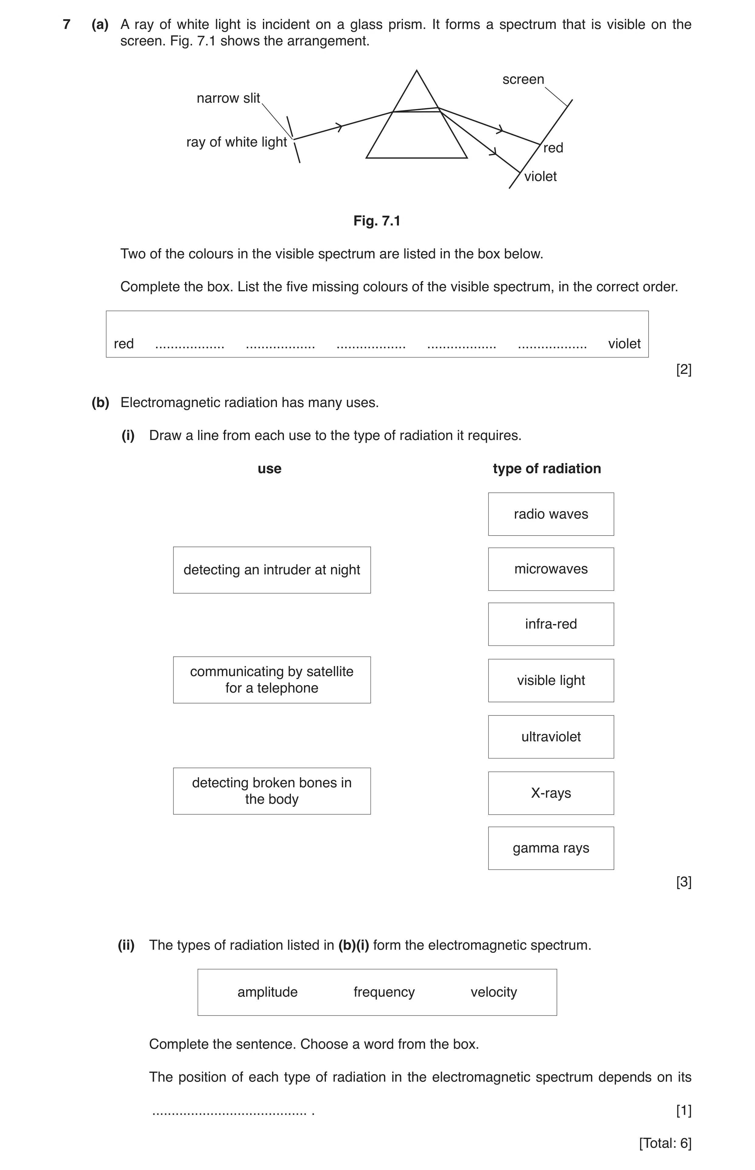 Question 10: (a) A ray of white light is incident on a glass prism. It forms a spectrum that is visible on the screen. Fig. 7.1 shows the arrangement. s…