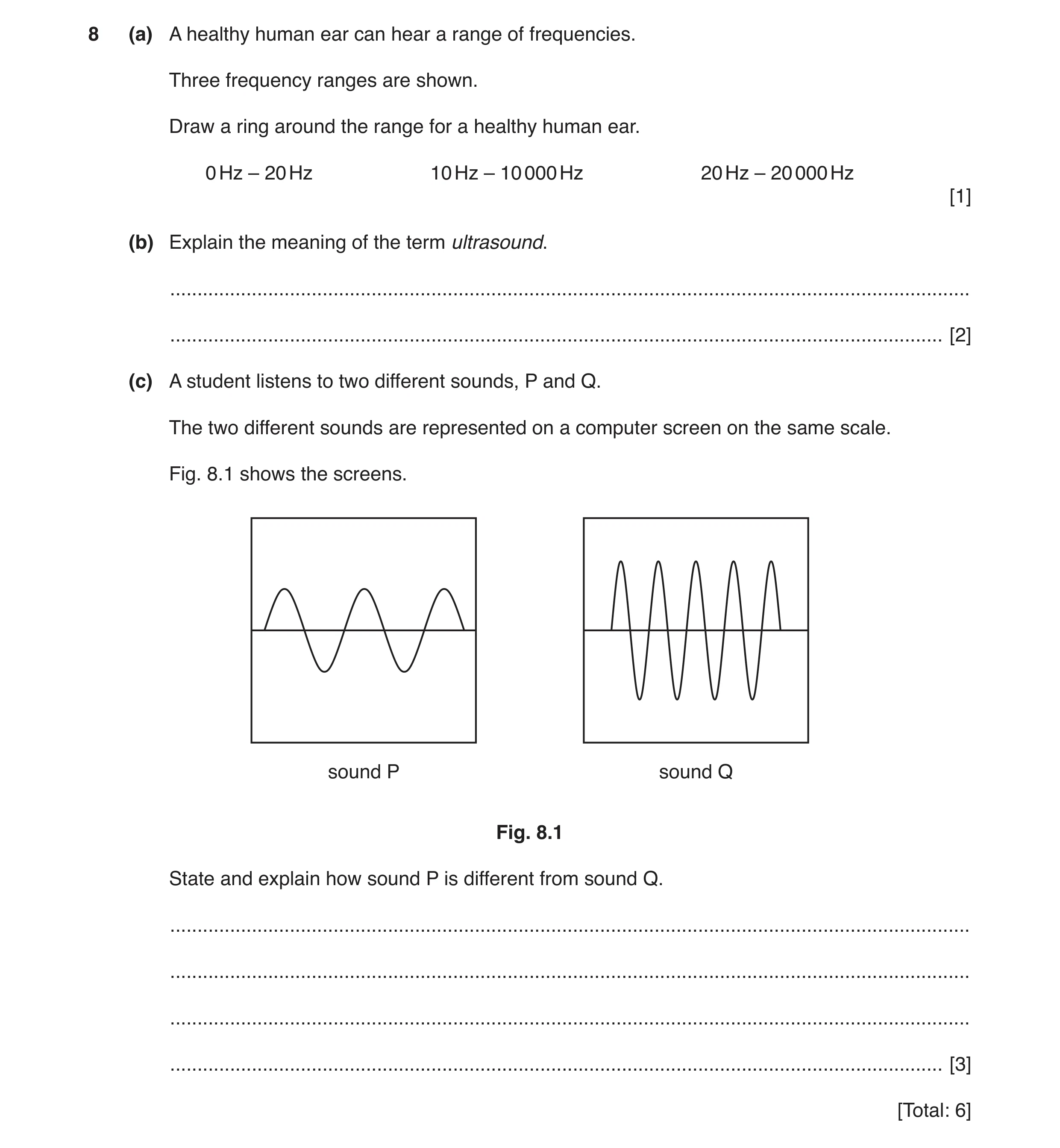 Question 12: (a) A healthy human ear can hear a range of frequencies. Three frequency ranges are shown. Draw a ring around the range for a healthy human…