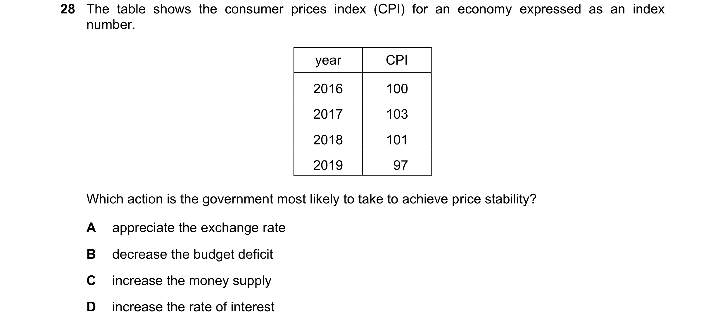 Question 59: The table shows the consumer prices index (CPI) for an economy expressed as an index number. year CPI 2016 100 2017 103 2018 101 2019 97 Wh…