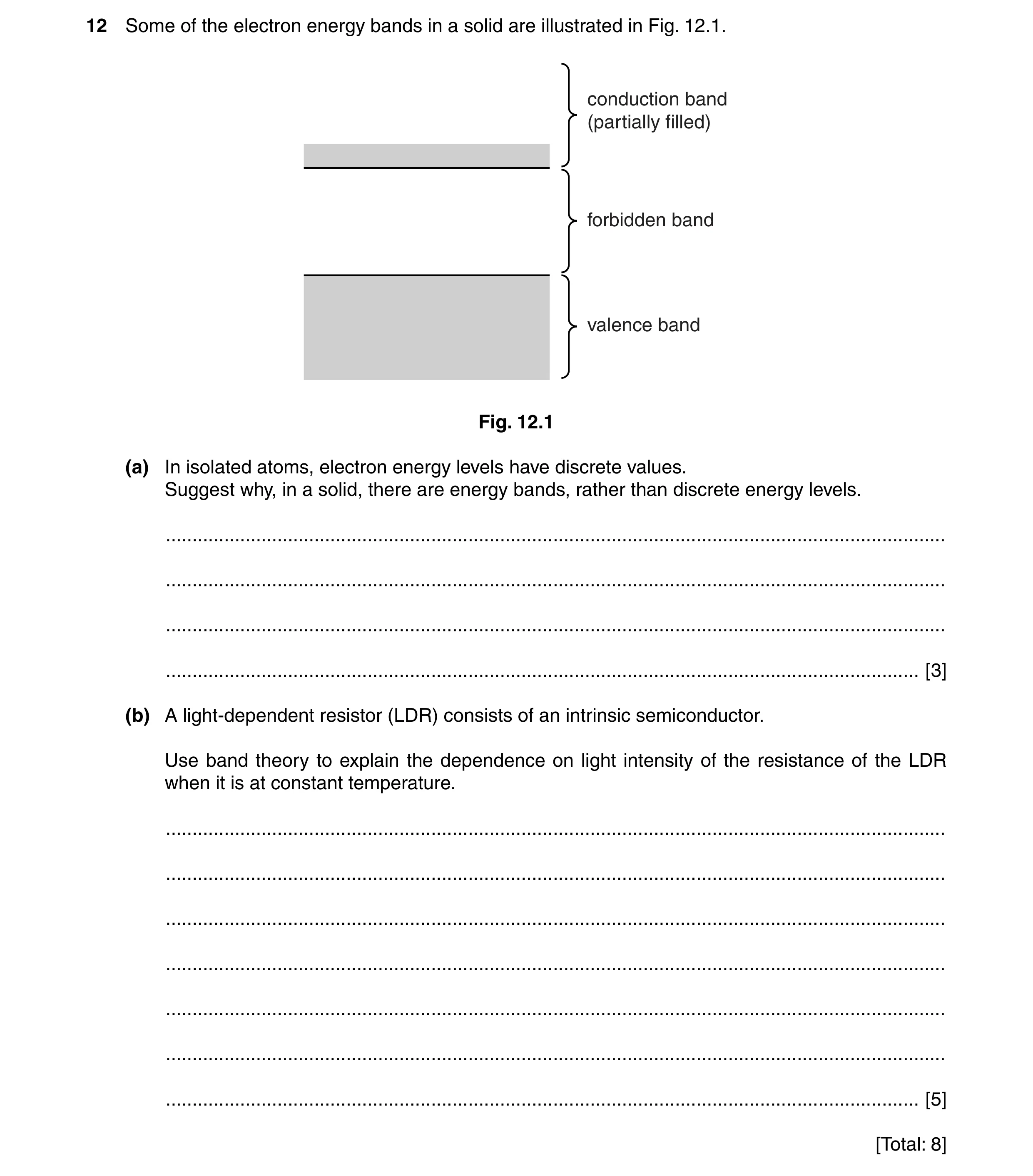 Question 15: Some of the electron energy bands in a solid are illustrated in Fig. 12.1. conduction band (partially filled) forbidden band valence band F…