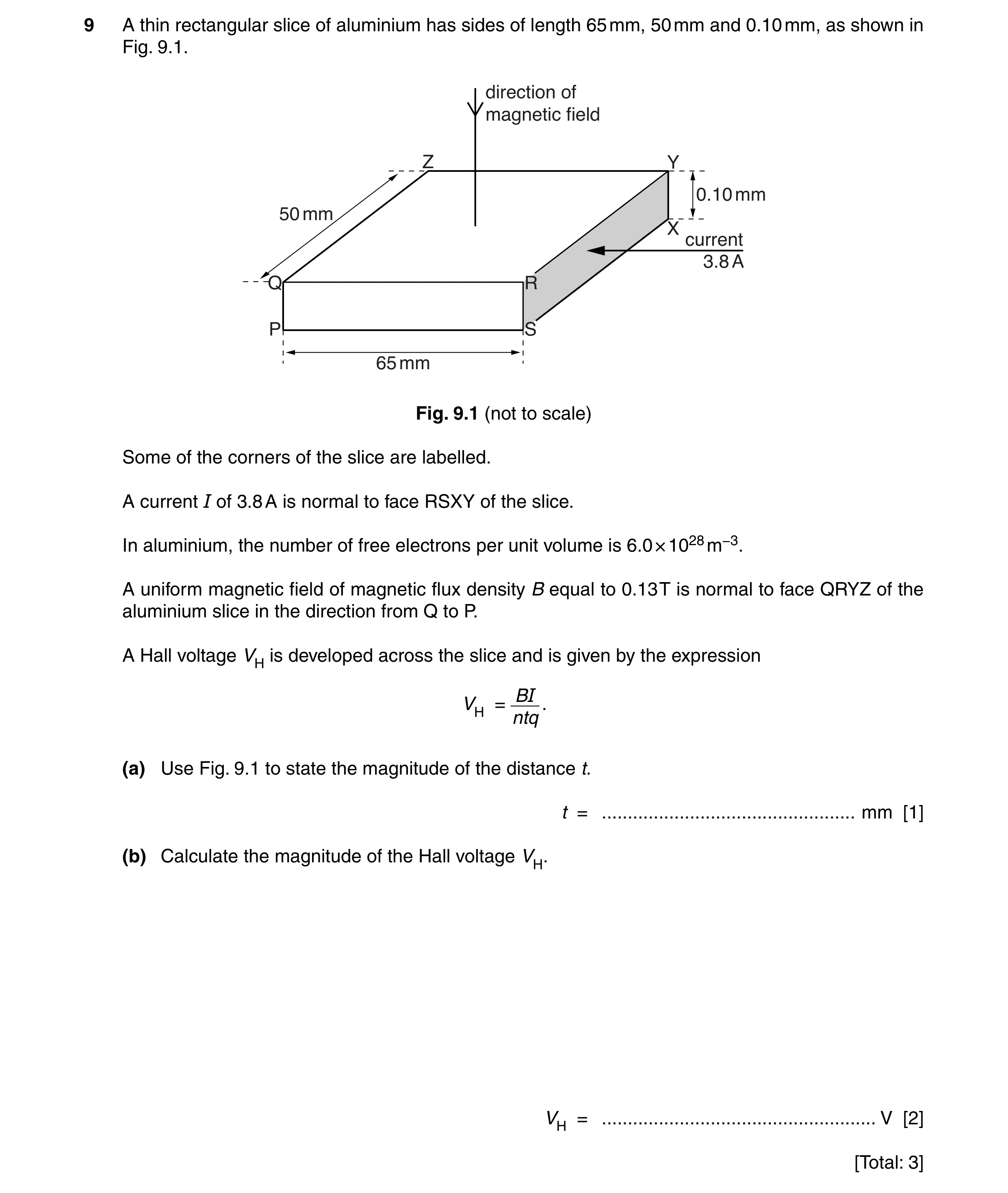 Question 16: A thin rectangular slice of aluminium has sides of length 65 mm, 50 mm and 0.10 mm, as shown in Fig. 9.1. direction of magnetic field Z Y 0…