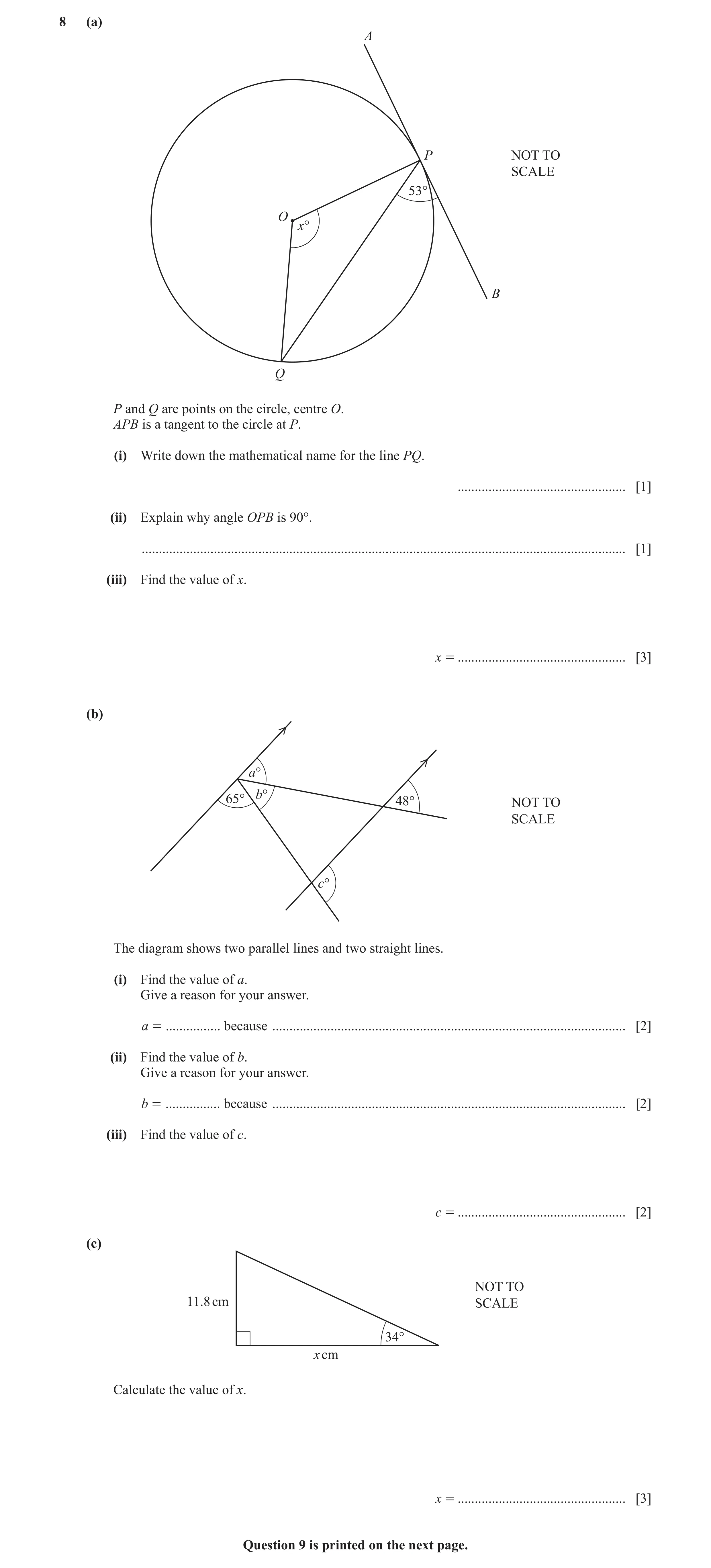 Question 24: (a) A P NOT TO SCALE 53° O x° B Q P and Q are points on the circle, centre O. APB is a tangent to the circle at P. (i) Write down the mathe…