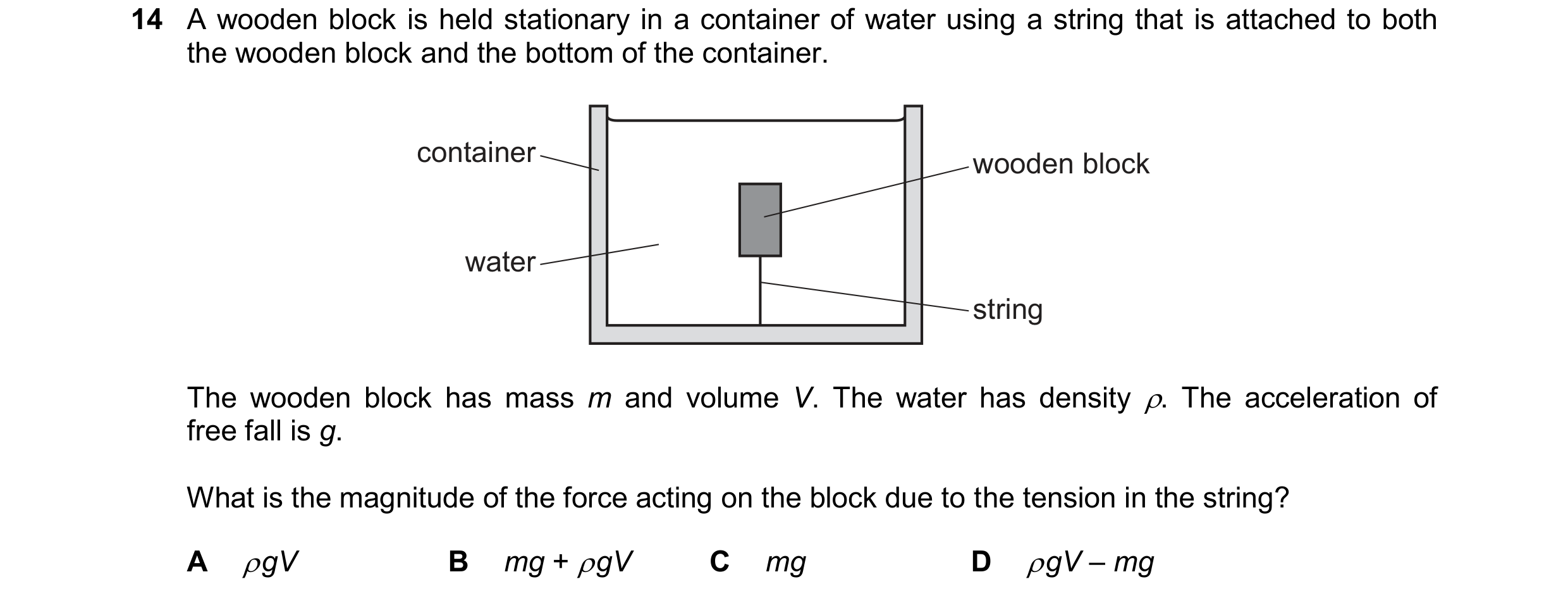 Question 156: A wooden block is held stationary in a container of water using a string that is attached to both the wooden block and the bottom of the co…