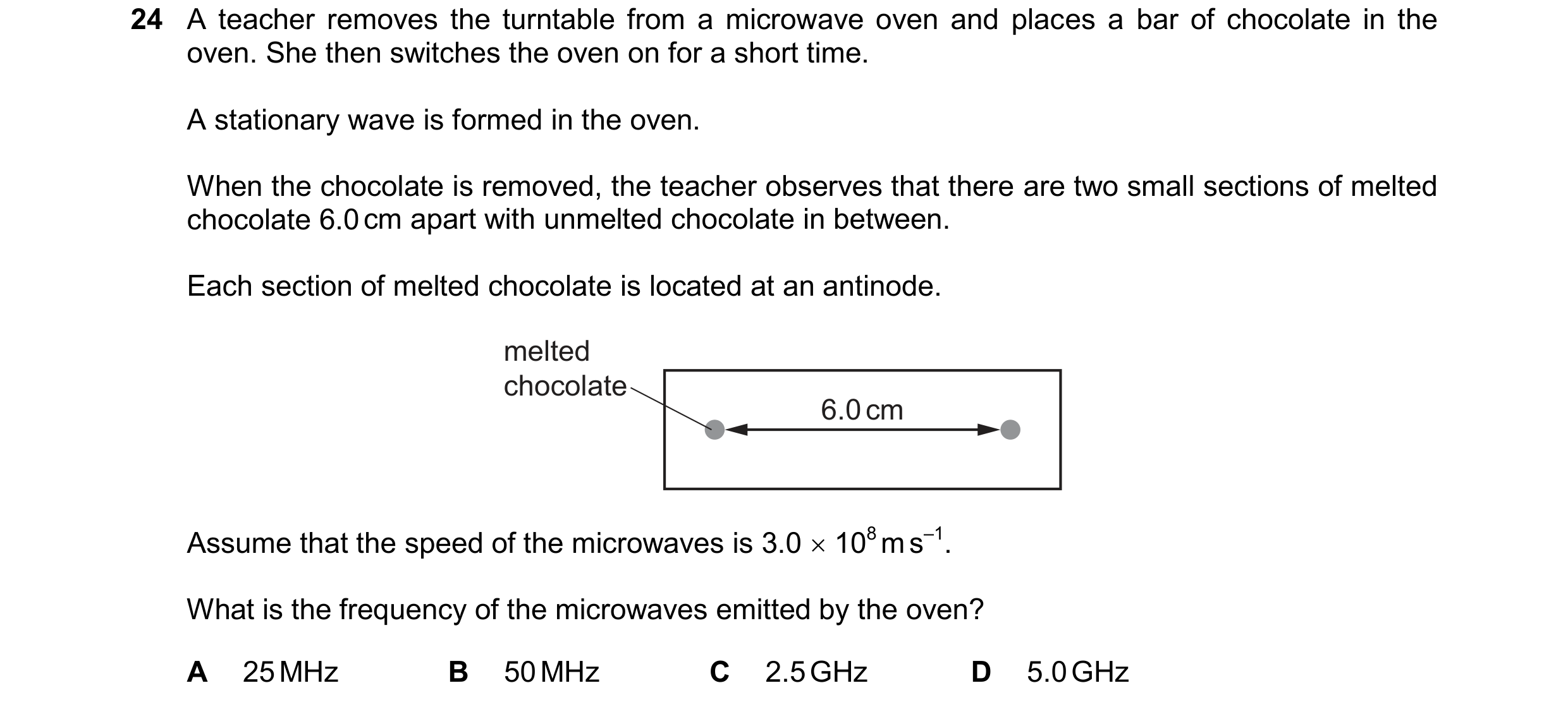 Question 97: A teacher removes the turntable from a microwave oven and places a bar of chocolate in the oven. She then switches the oven on for a short …
