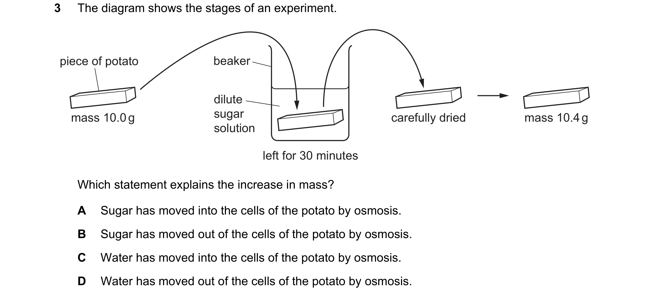 Question 11: The diagram shows the stages of an experiment. piece of potato beaker dilute mass 10.0 g sugar carefully dried mass 10.4 g solution left fo…