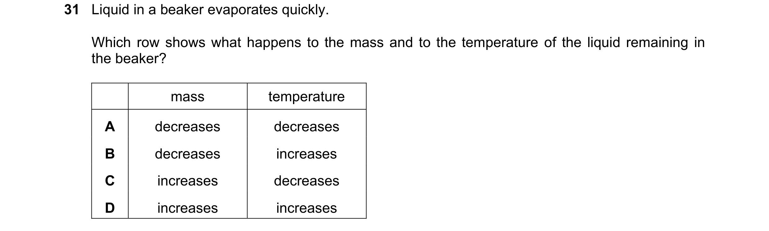 Question 67: Liquid in a beaker evaporates quickly. Which row shows what happens to the mass and to the temperature of the liquid remaining in the beake…