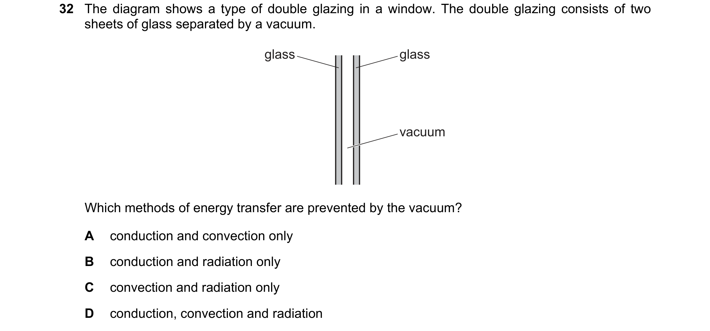 Question 83: The diagram shows a type of double glazing in a window. The double glazing consists of two sheets of glass separated by a vacuum. glass gla…