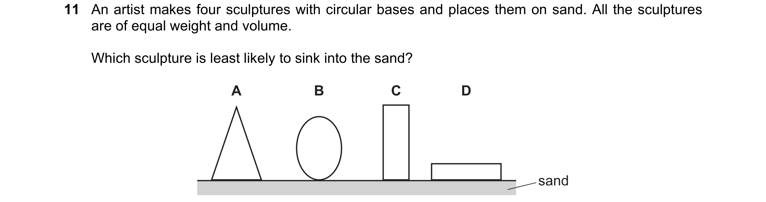Question 208: An artist makes four sculptures with circular bases and places them on sand. All the sculptures are of equal weight and volume. Which sculp…
