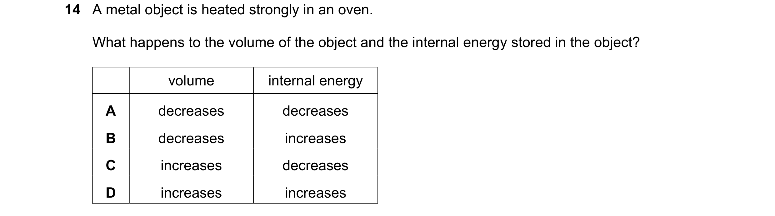 Question 261: A metal object is heated strongly in an oven. What happens to the volume of the object and the internal energy stored in the object? volume…