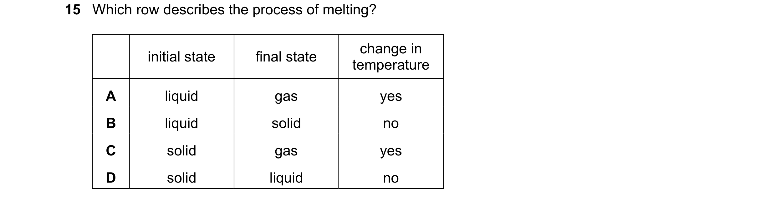 Question 262: Which row describes the process of melting? change in initial state final state temperature A liquid gas yes B liquid solid no C solid gas …