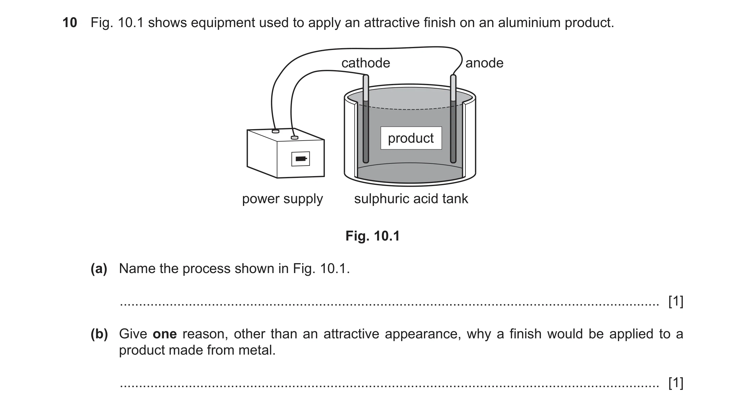 Question 69: Fig. 10.1 shows equipment used to apply an attractive finish on an aluminium product. cathode anode product power supply sulphuric acid tan…