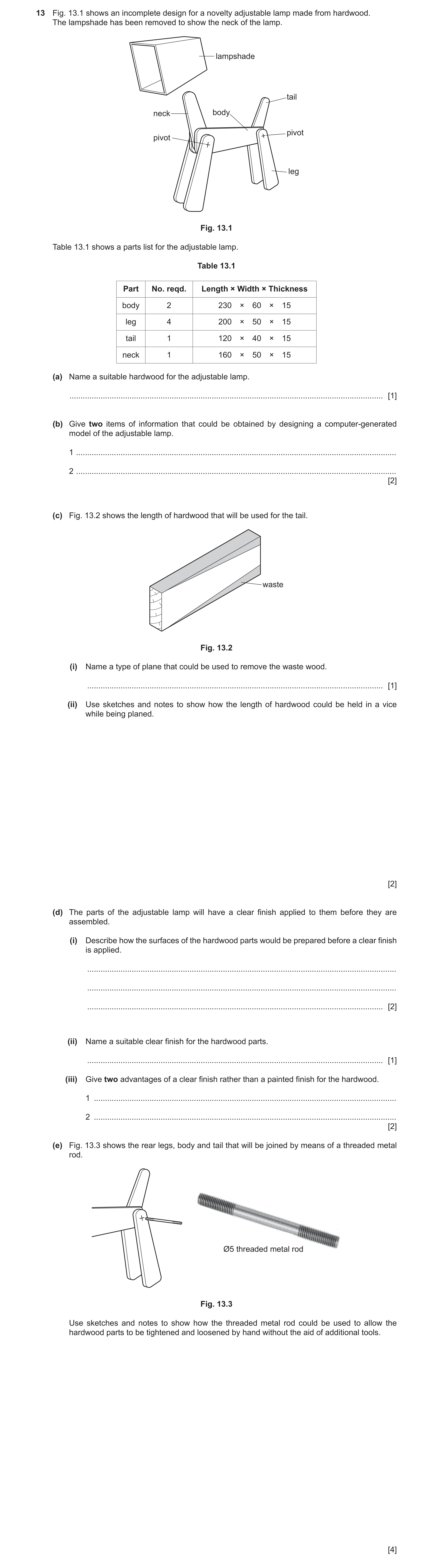Question 223: Fig. 13.1 shows an incomplete design for a novelty adjustable lamp made from hardwood. The lampshade has been removed to show the neck of t…
