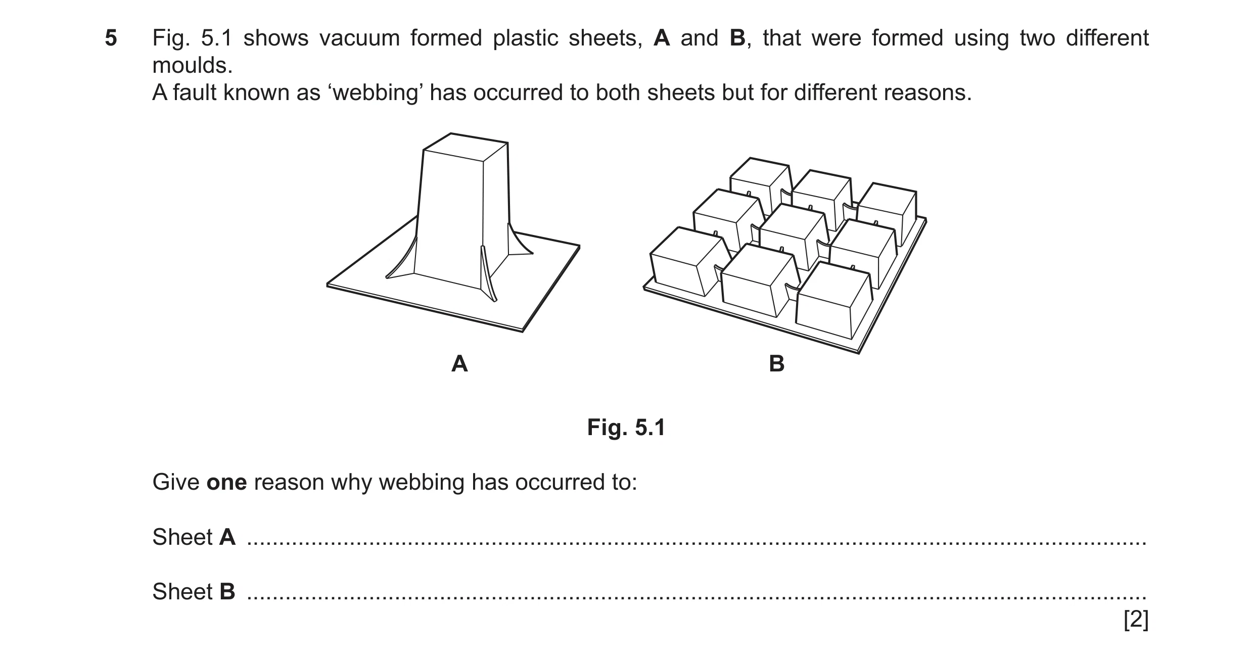 Question 66: Fig. 5.1 shows vacuum formed plastic sheets, A and B, that were formed using two different moulds. A fault known as ‘webbing’ has occurred …