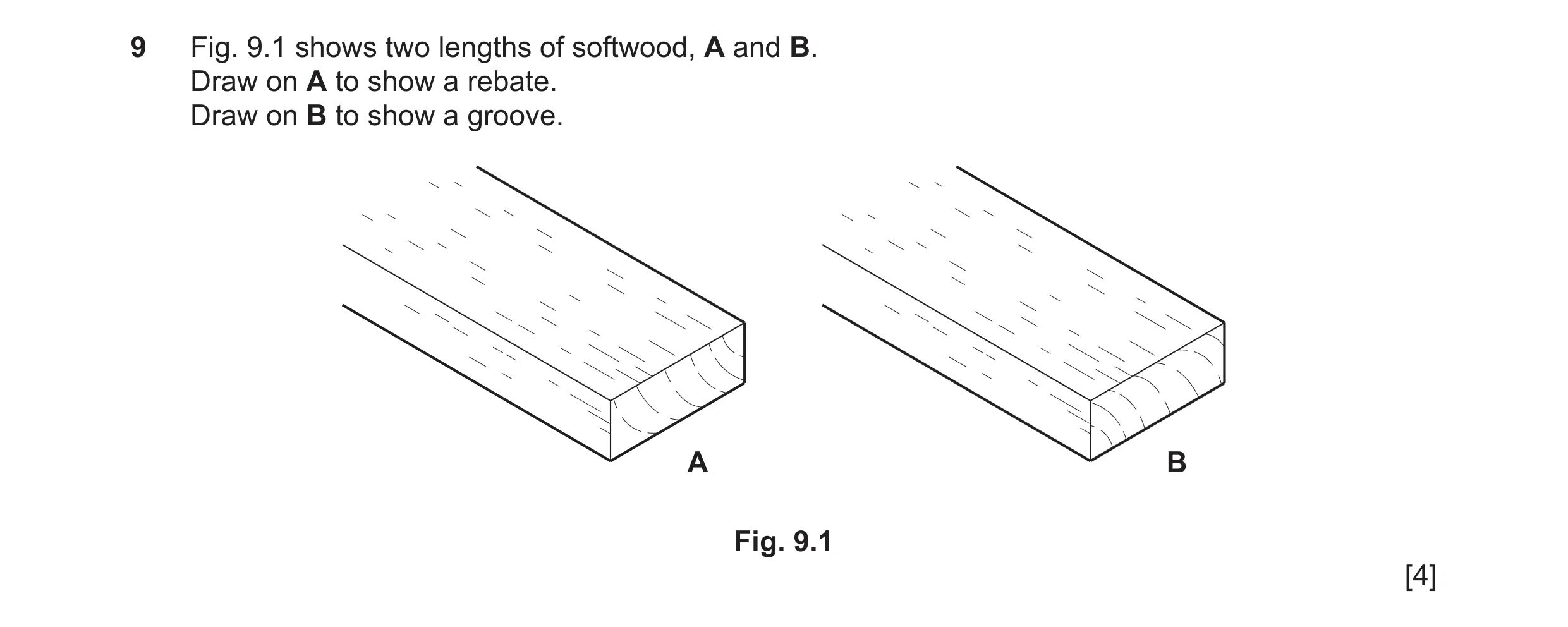 Question 220: Fig. 9.1 shows two lengths of softwood, A and B. Draw on A to show a rebate. Draw on B to show a groove. A B Fig. 9.1 [4]