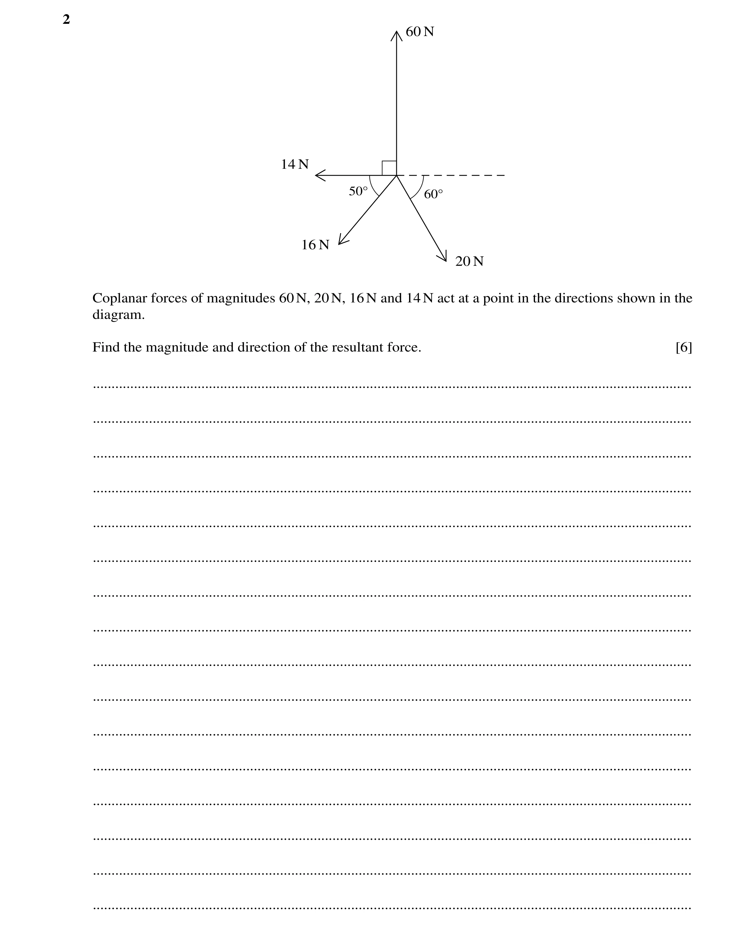Question 166: Coplanar forces of magnitudes 60N, 20N, 16N and 14N act at a point in the directions shown in the diagram. Find the magnitude and direction…