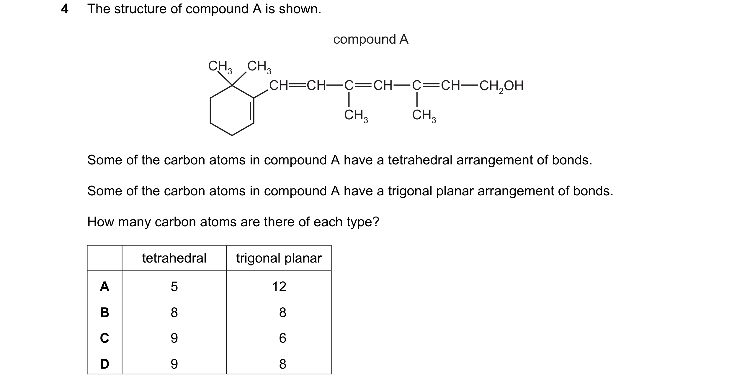 Question 69: The structure of compound A is shown. compound A CH3 CH3 CH CH C CH C CH CH2OH CH3 CH3 Some of the carbon atoms in compound A have a tetrah…