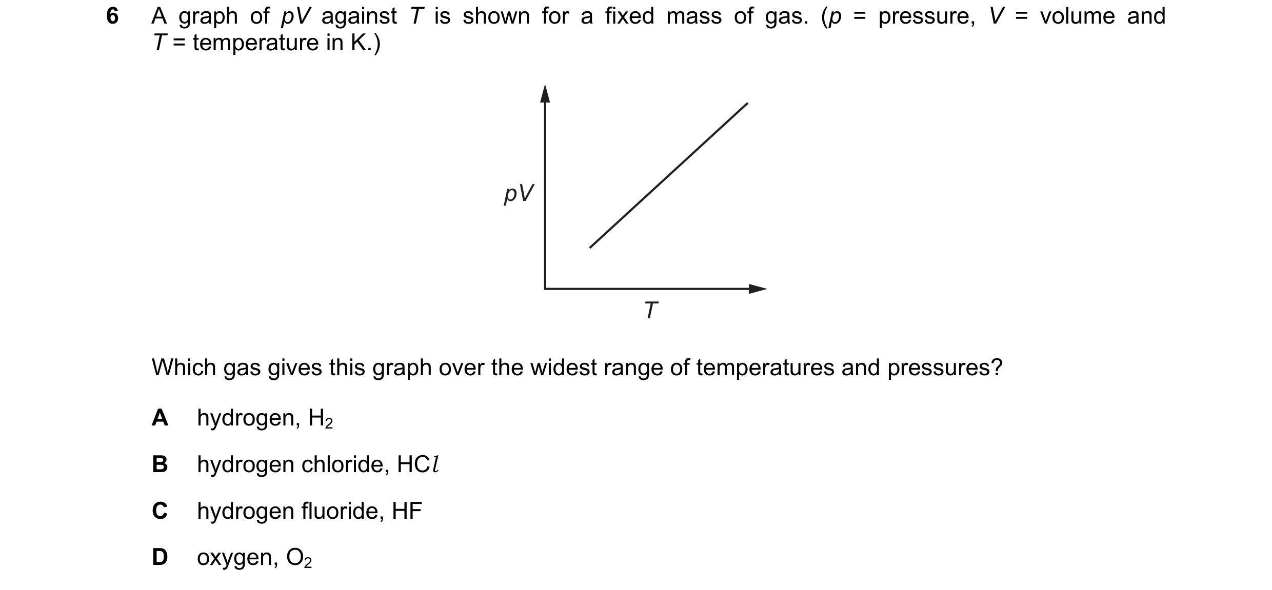Question 89: A graph of pV against T is shown for a fixed mass of gas. (p = pressure, V = volume and T = temperature in K.) pV T Which gas gives this gr…