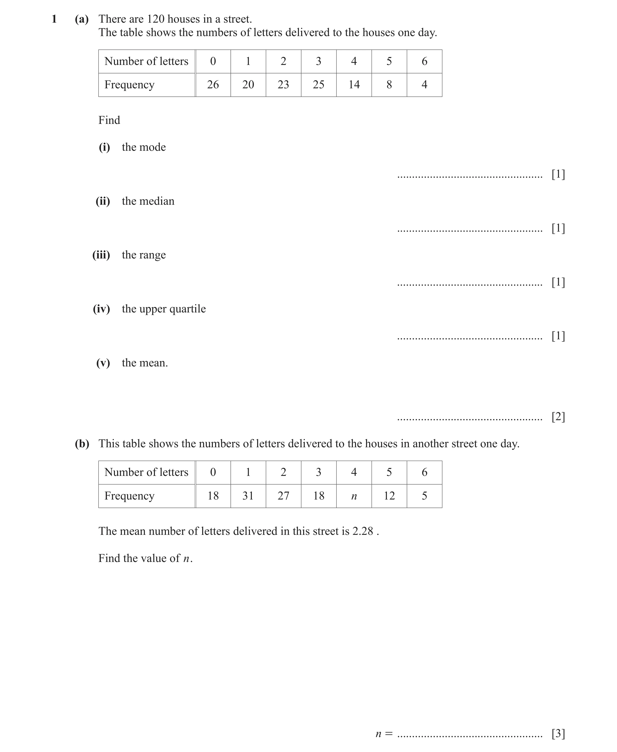 Question 54: (a) There are 120 houses in a street. The table shows the numbers of letters delivered to the houses one day. Number of letters 0 1 2 3 4 5…