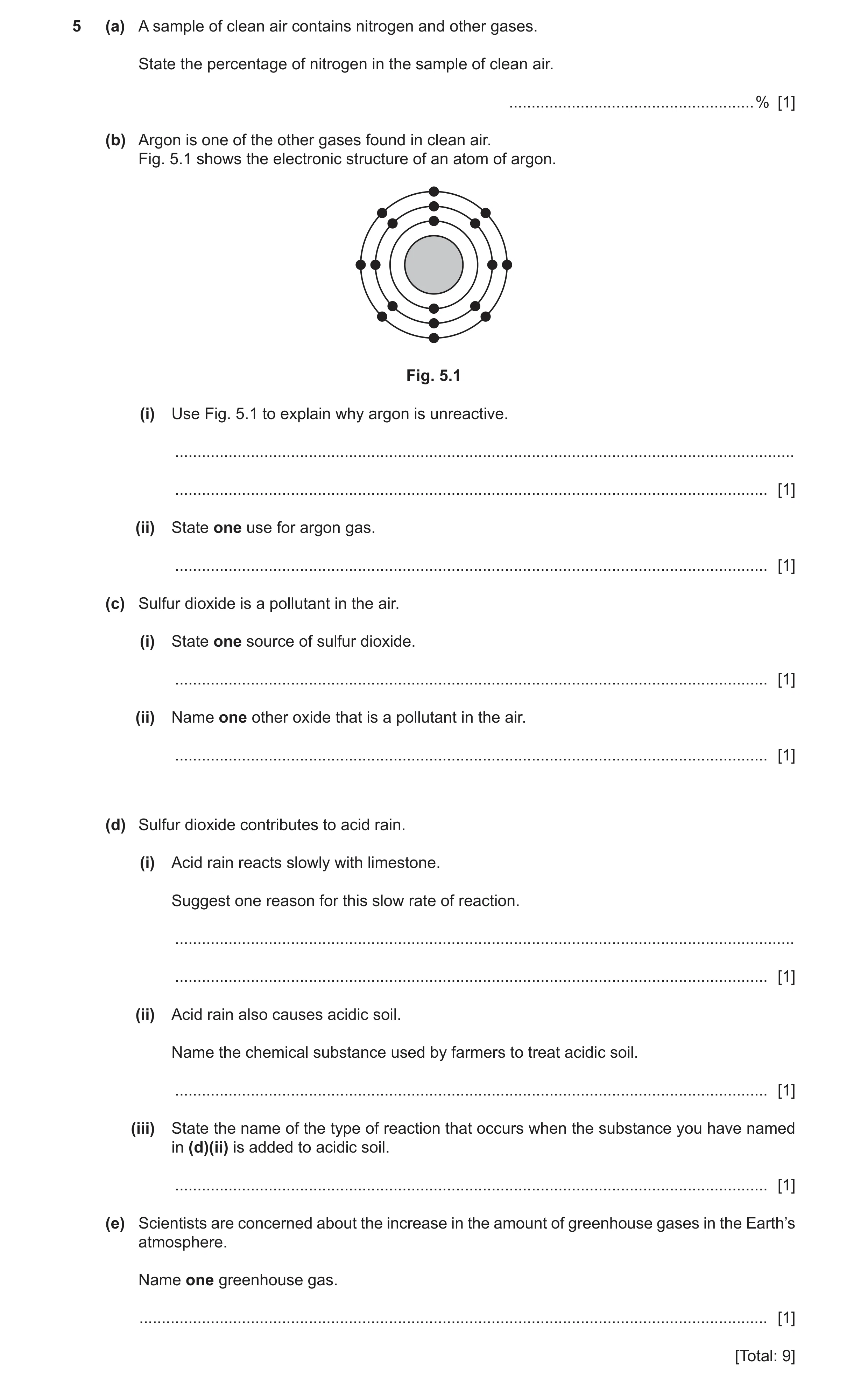 Question 22: (a) A sample of clean air contains nitrogen and other gases. State the percentage of nitrogen in the sample of clean air. .................…