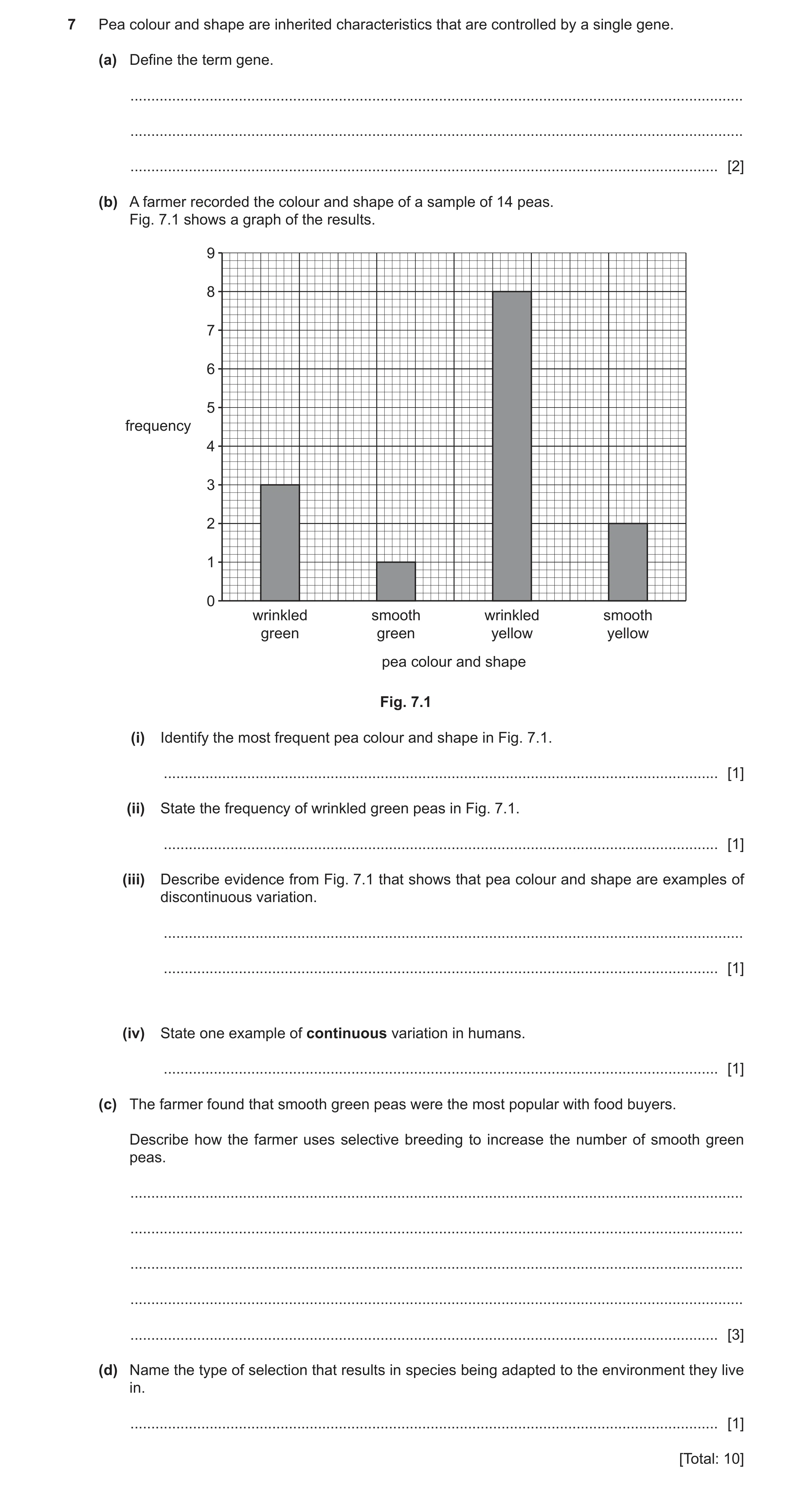 Question 10: Pea colour and shape are inherited characteristics that are controlled by a single gene. (a) Define the term gene. ........................…