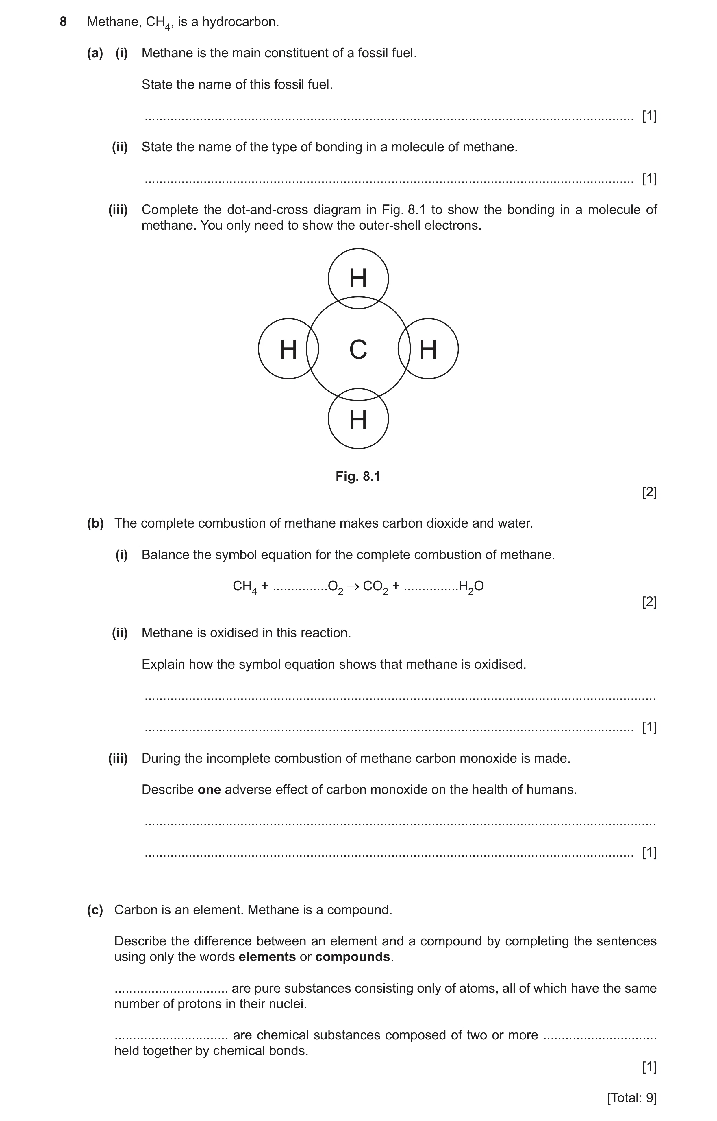 Question 40: Methane, CH4, is a hydrocarbon. (a) (i) Methane is the main constituent of a fossil fuel. State the name of this fossil fuel. .............…