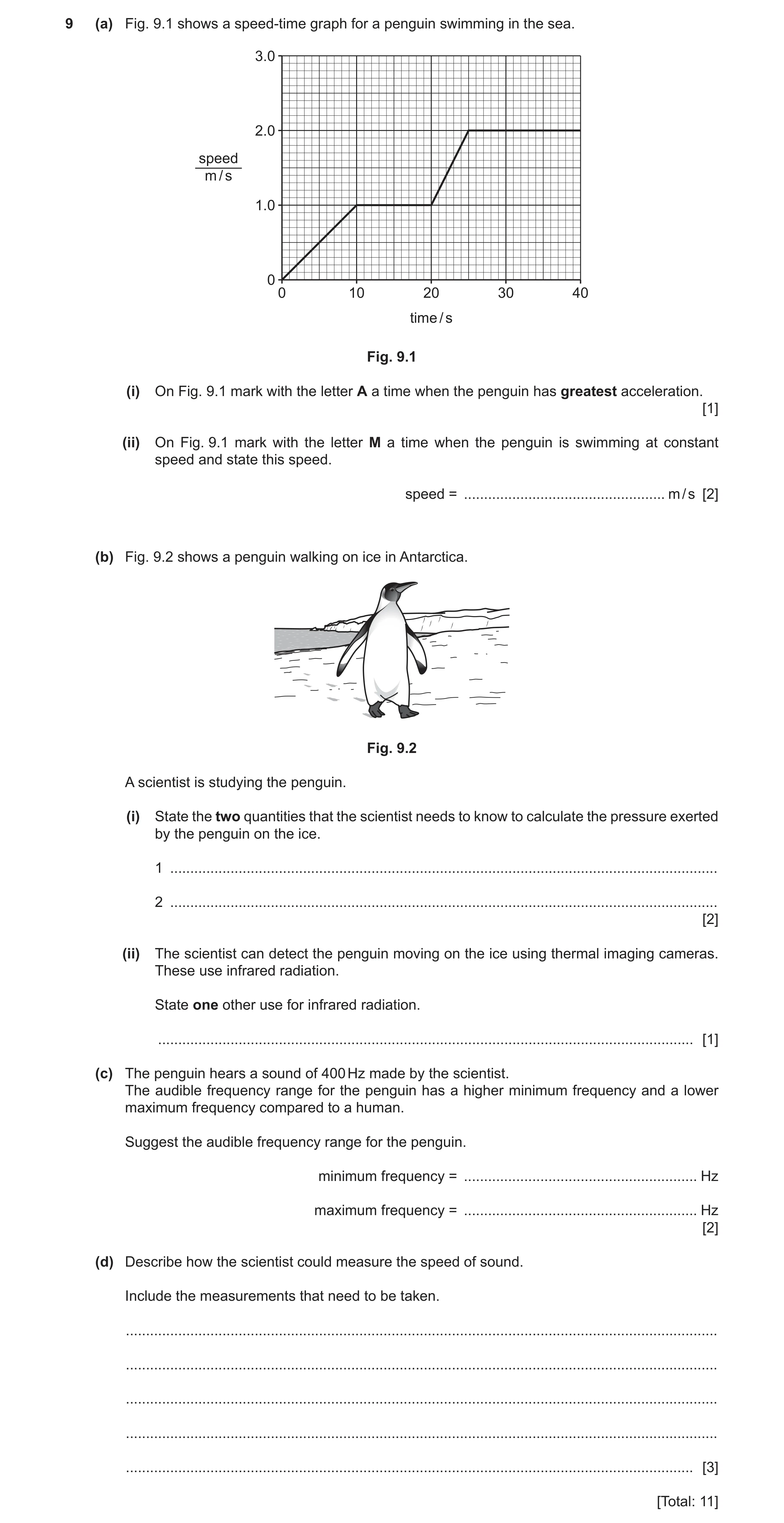 Question 34: (a) Fig. 9.1 shows a speed-time graph for a penguin swimming in the sea. 3.0 2.0 speed m / s 1.0 0 0 10 20 30 40 time / s Fig. 9.1 (i) On F…