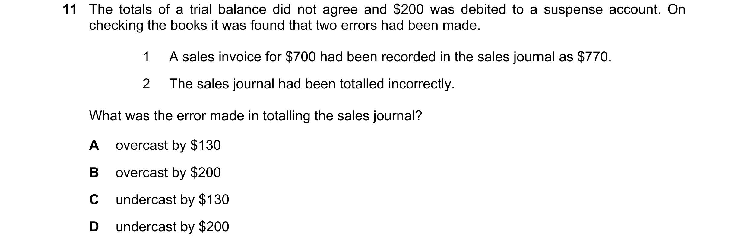 Question 2: The totals of a trial balance did not agree and $200 was debited to a suspense account. On checking the books it was found that two errors …