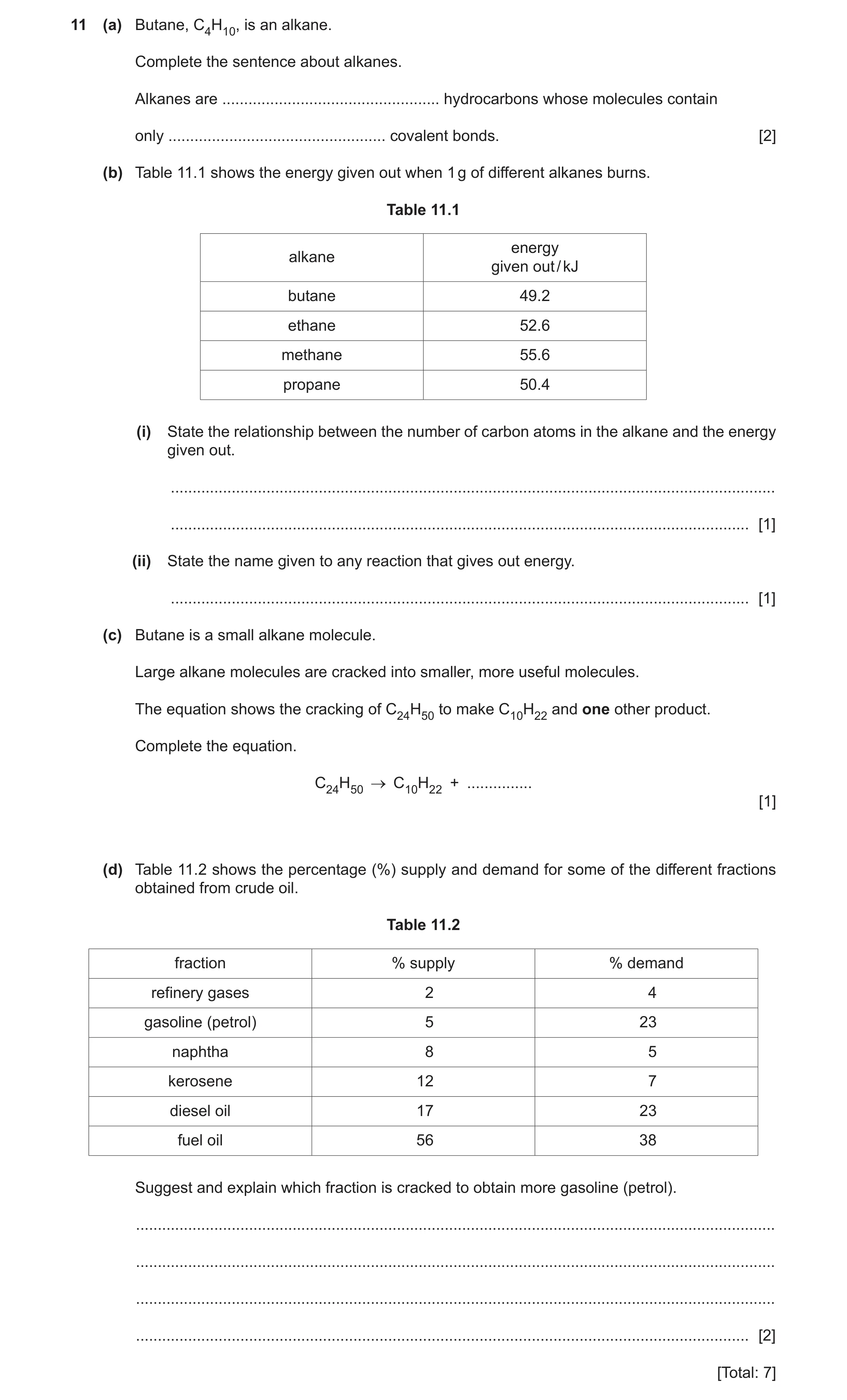 Question 20: (a) Butane, C4H10, is an alkane. Complete the sentence about alkanes. Alkanes are .................................................. hydroc…